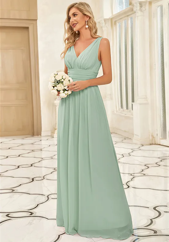 Elegant Sage Green Chiffon A-Line V-Neck Floor-Length Bridesmaid Dress