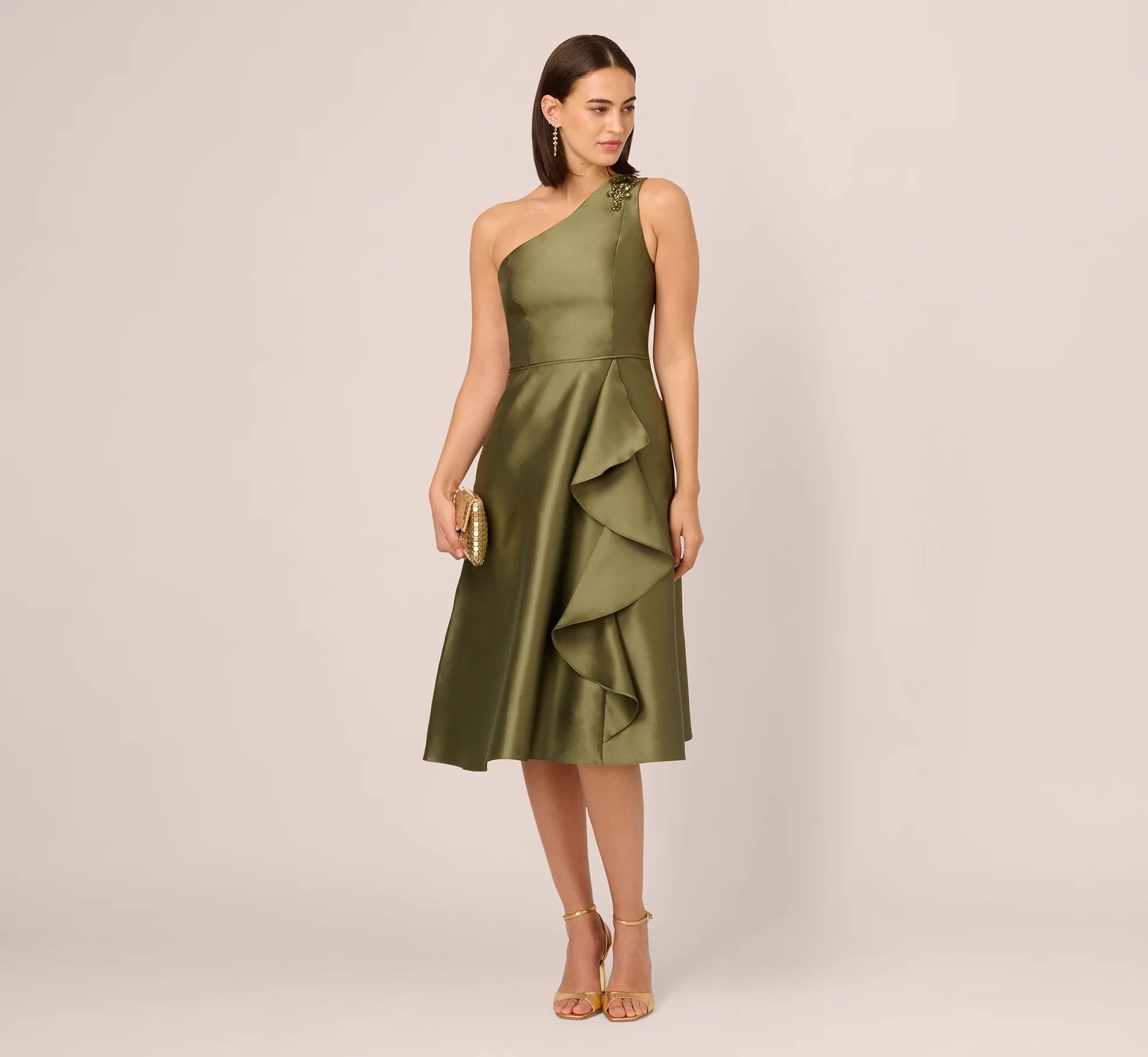 Elegant Satin A-Line One-Shoulder Sleeveless Closed Back Midi Mother of the Bride Dresses