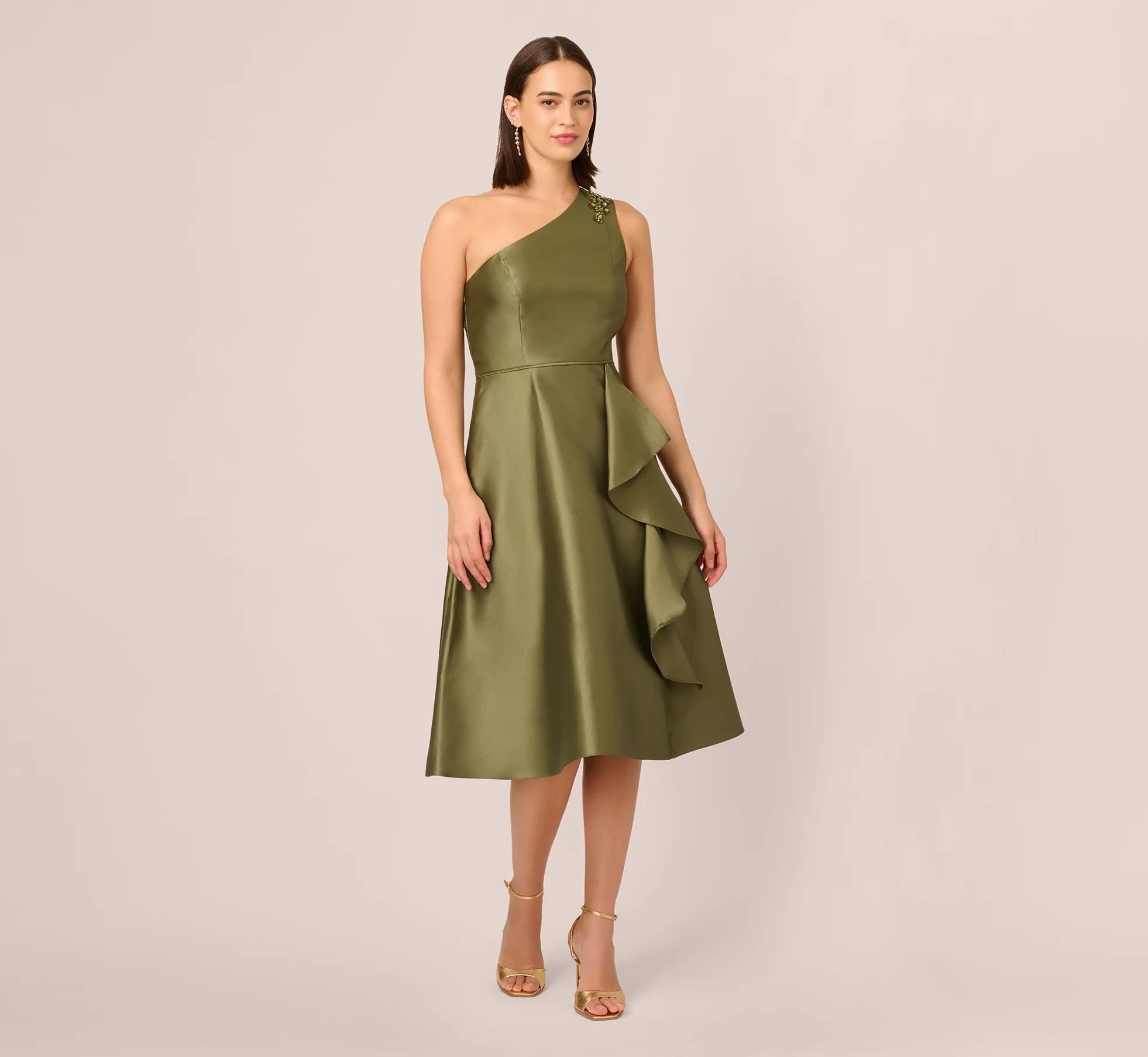 Elegant Satin A-Line One-Shoulder Sleeveless Closed Back Midi Mother of the Bride Dresses