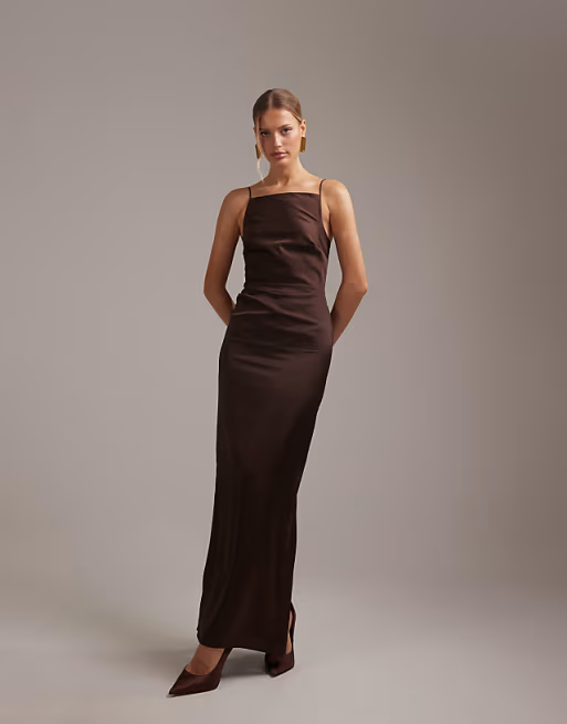 Elegant Satin Bridesmaid Dress Straight Neck Thin Straps Open Back Floor-Length