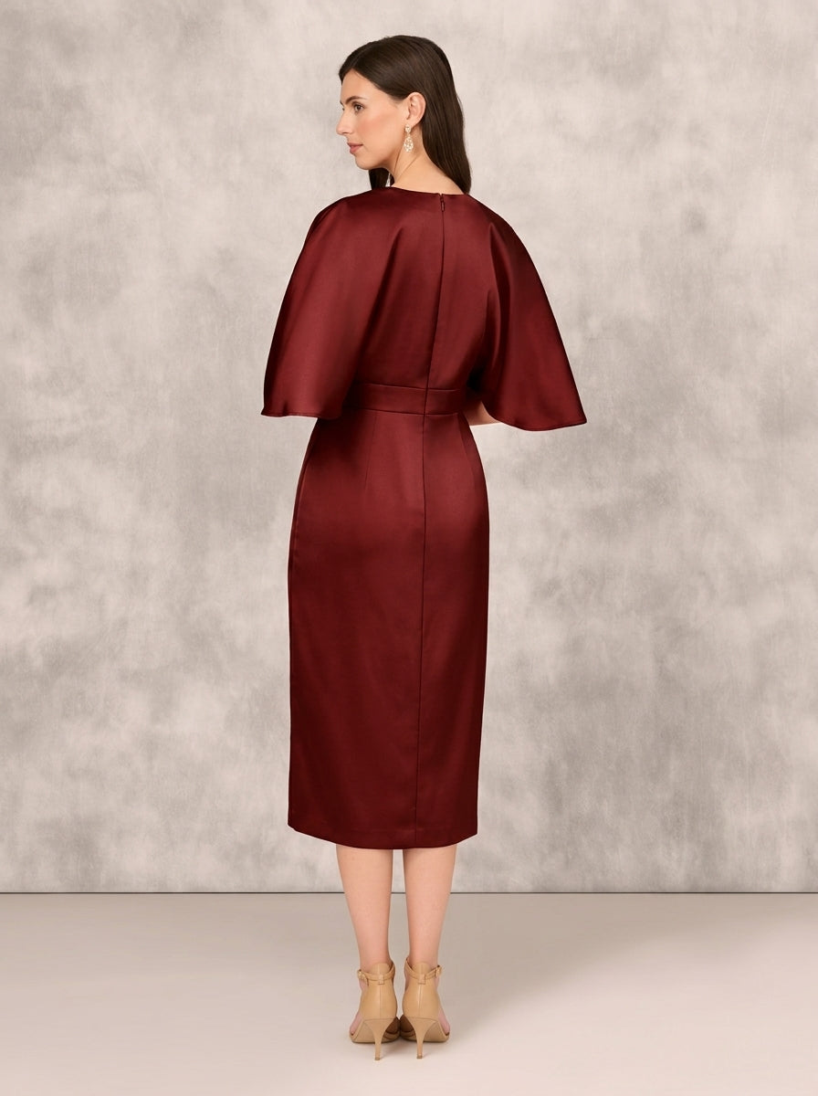 Elegant Satin Sheath Deep V-Neck Cape Sleeve Zipper Back Midi Mother of the Bride Dresses