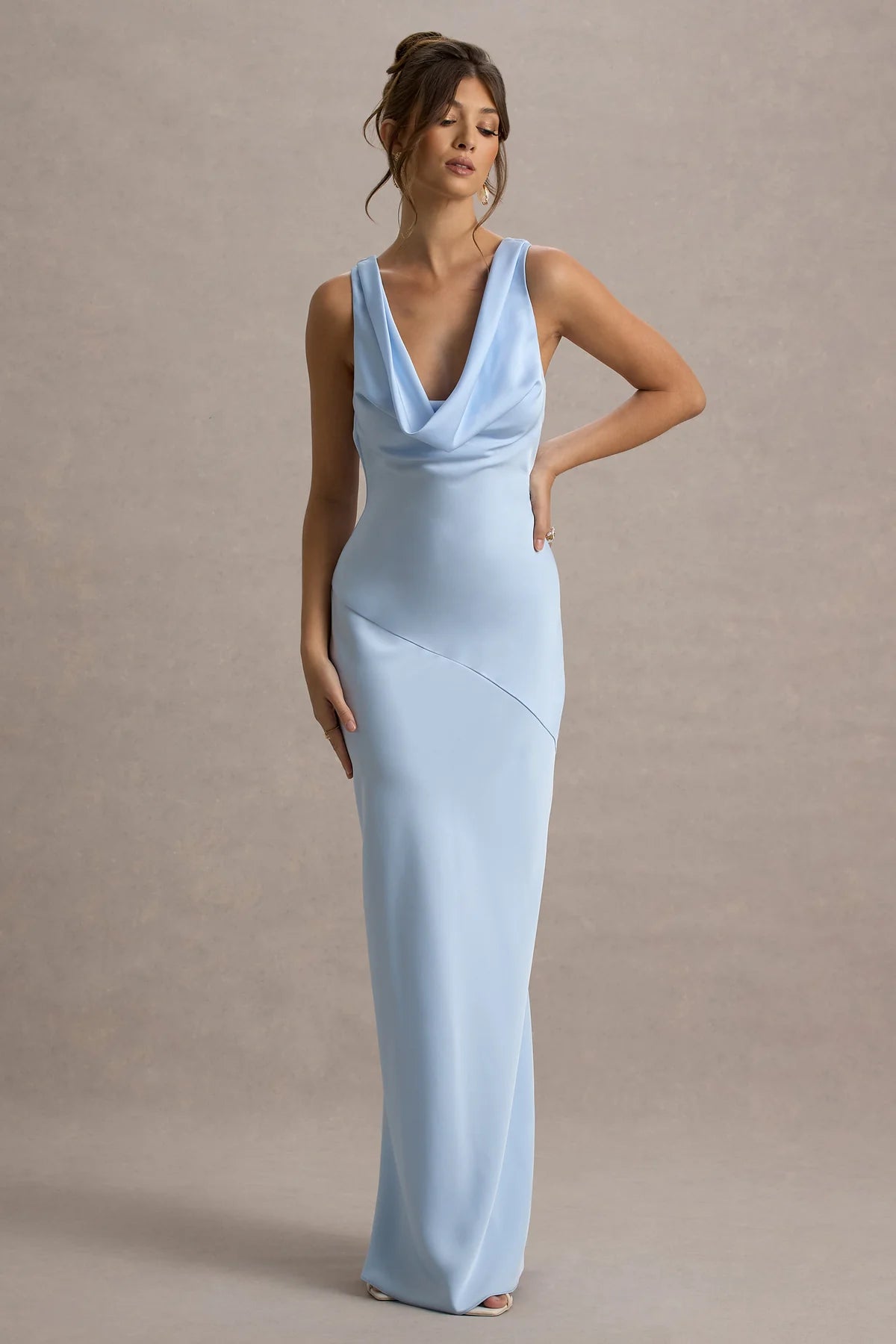 Elegant Sheath Cowl Neck Sleeveless Low Cowl Back Floor-Length Bridesmaid Dresses