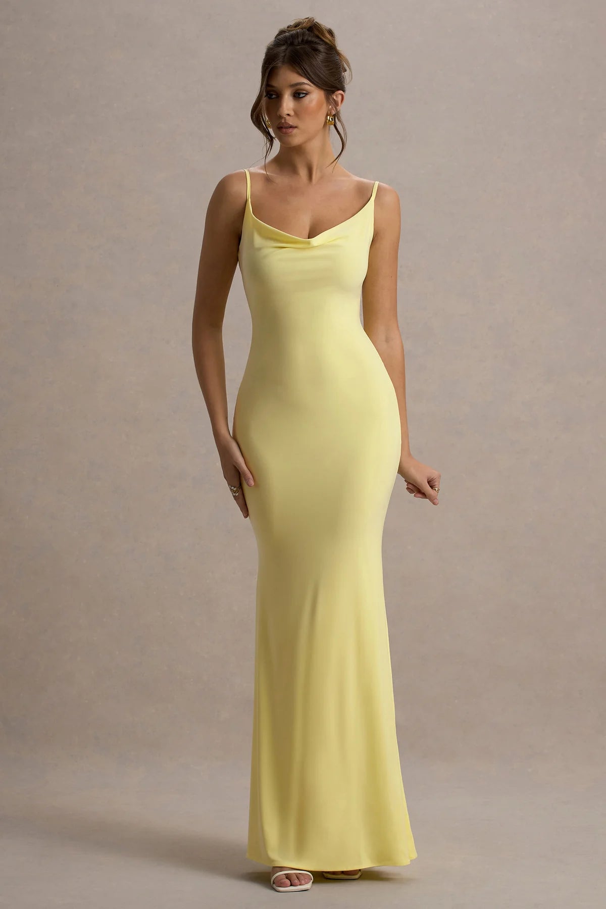Elegant Sheath Cowl Neck Spaghetti Strap Low Back Floor-Length Bridesmaid Dresses with Lace Detail