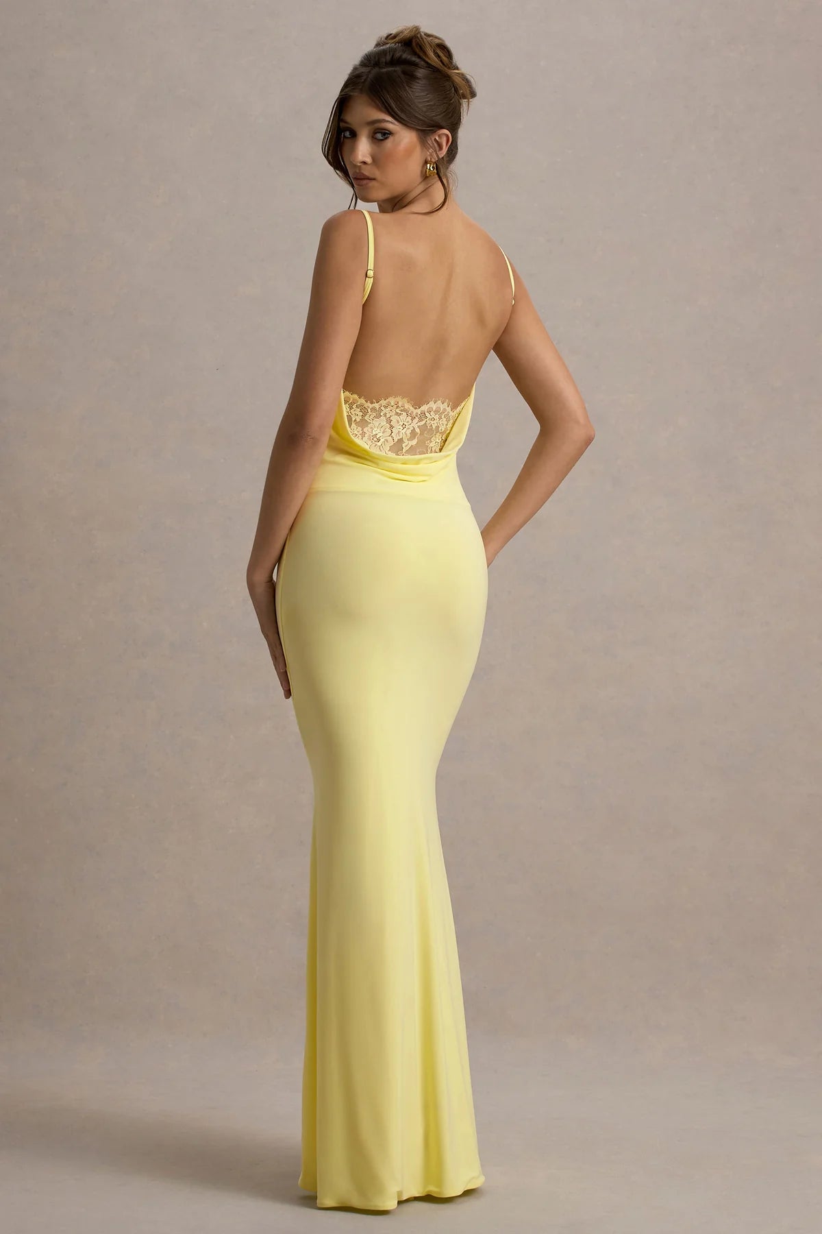 Elegant Sheath Cowl Neck Spaghetti Strap Low Back Floor-Length Bridesmaid Dresses with Lace Detail