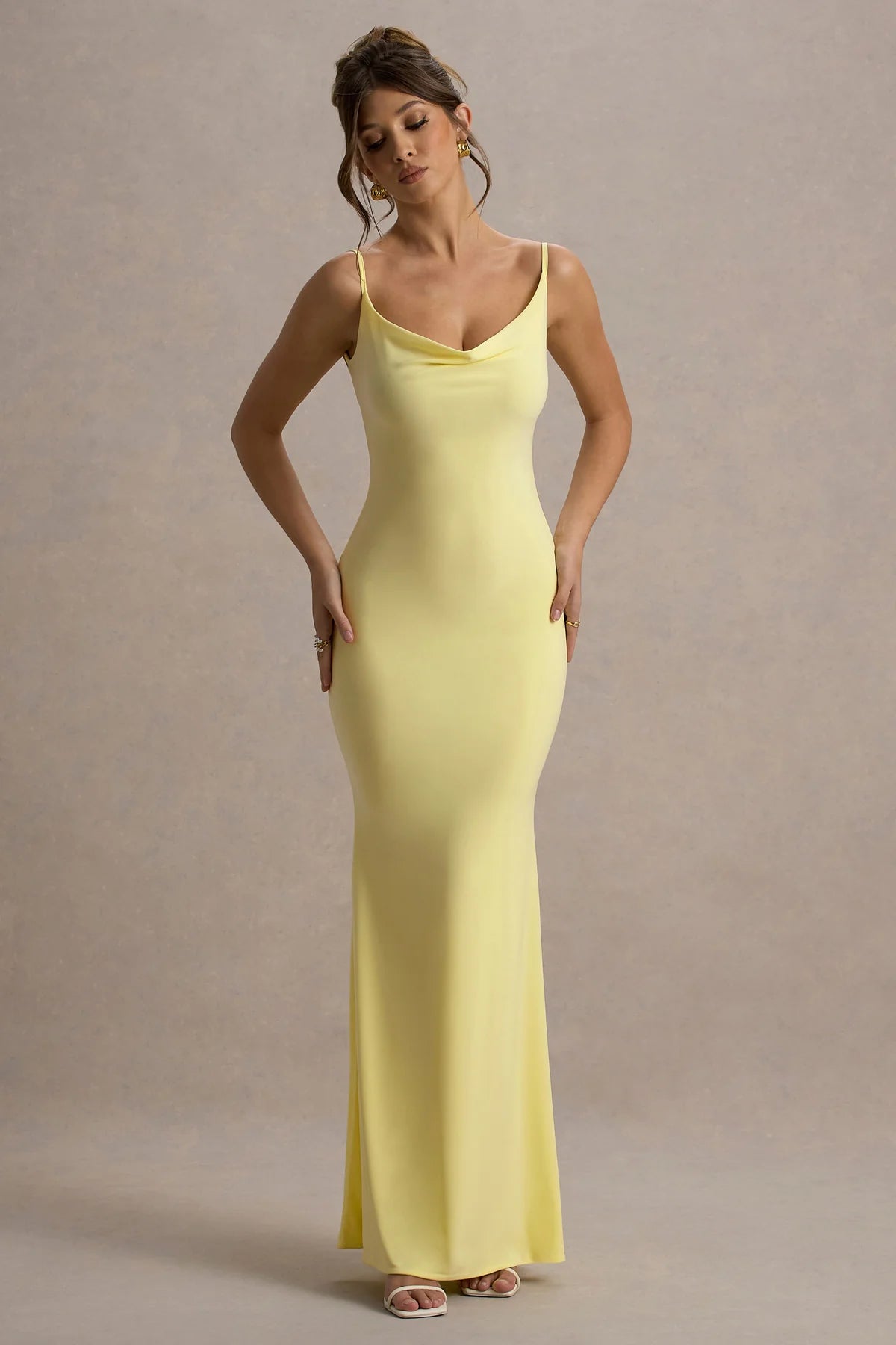 Elegant Sheath Cowl Neck Spaghetti Strap Low Back Floor-Length Bridesmaid Dresses with Lace Detail