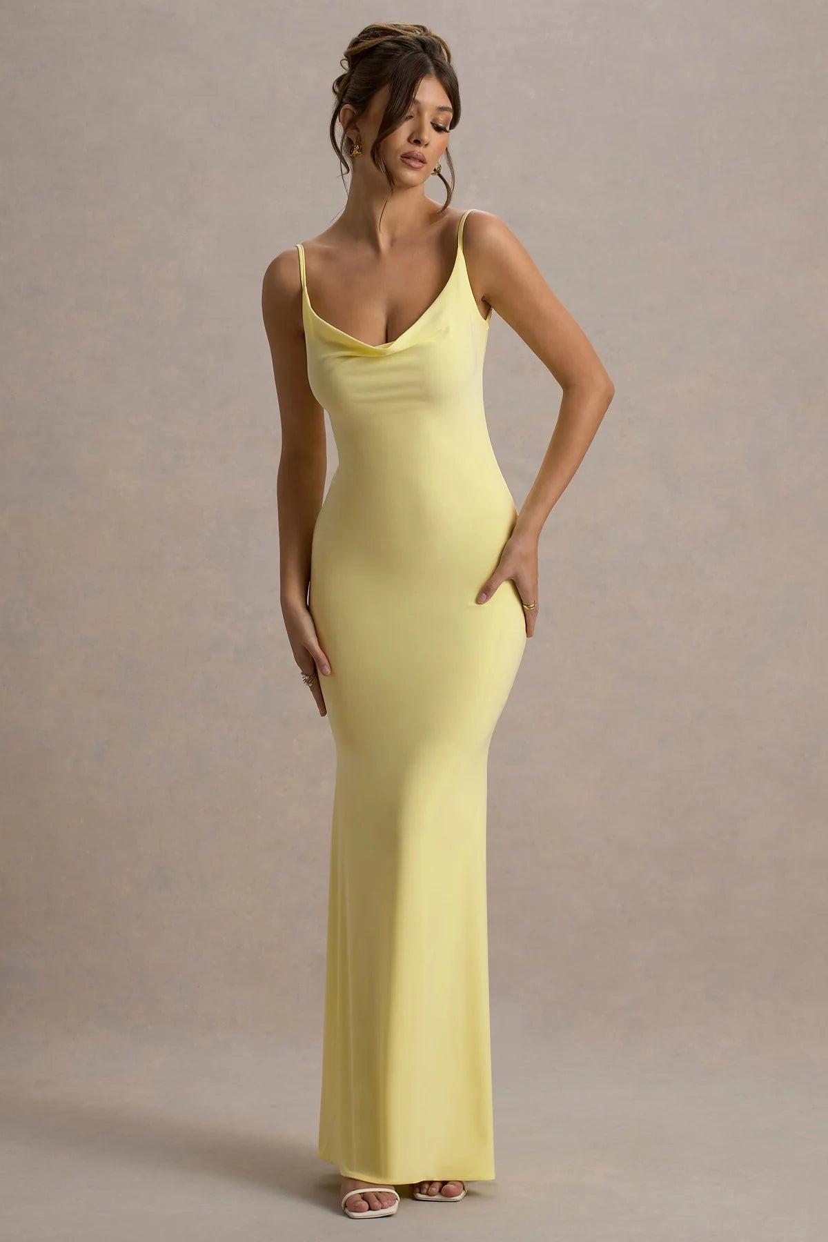 Elegant Sheath Cowl Neck Spaghetti Strap Low Back Floor-Length Bridesmaid Dresses with Lace Detail