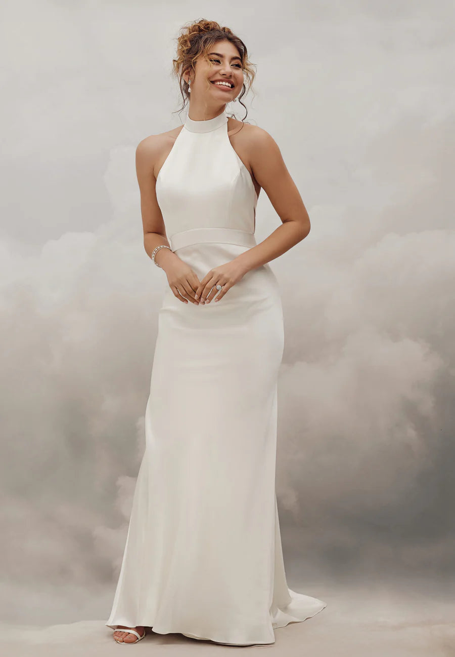 Elegant Sheath Halter High Neck Sleeveless Open Back Bow Tie Floor-Length Wedding Dresses