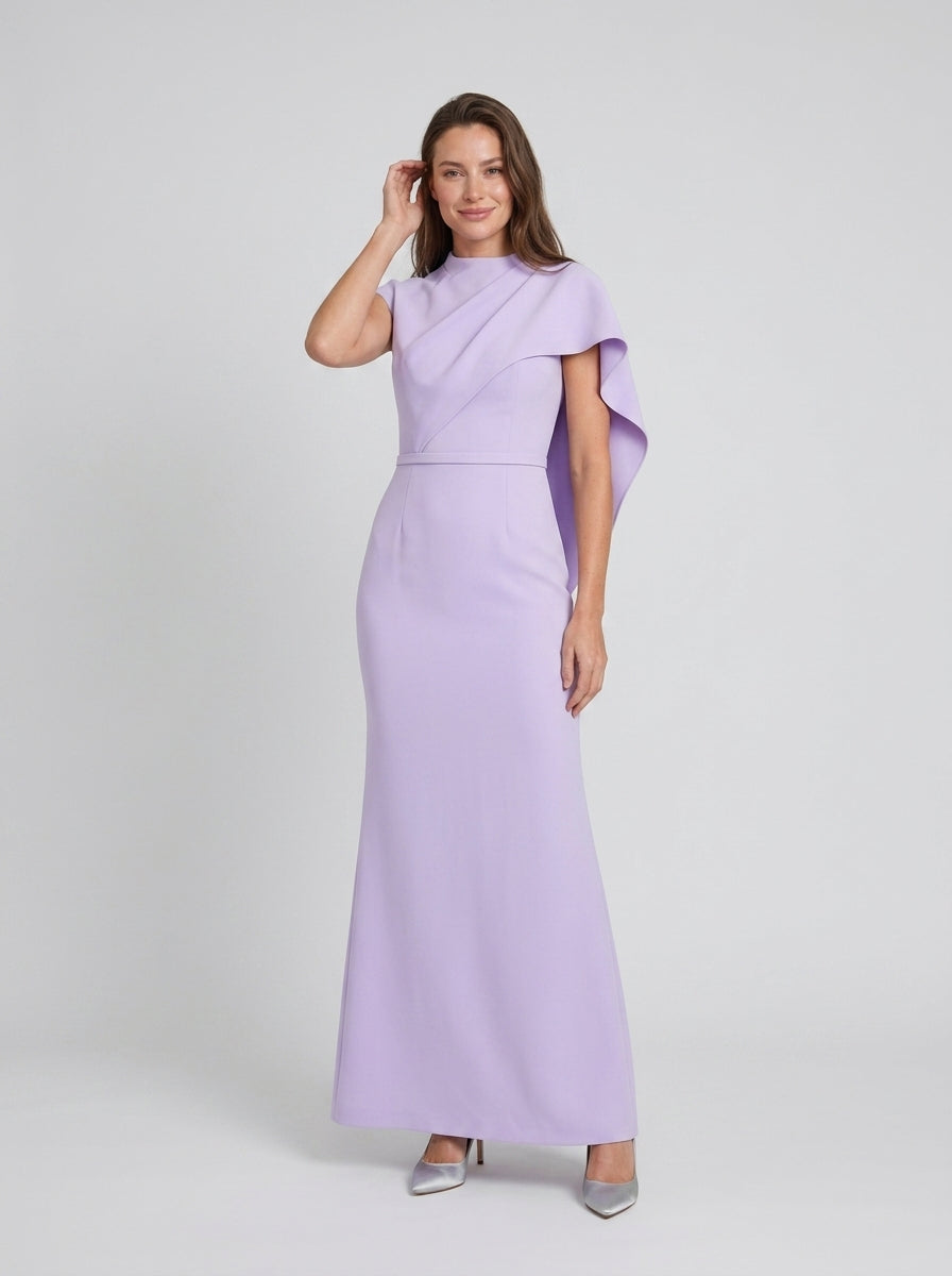 Elegant Sheath High Neck Cap Sleeve Draped High Back Floor-Length Mother of the Bride Dresses