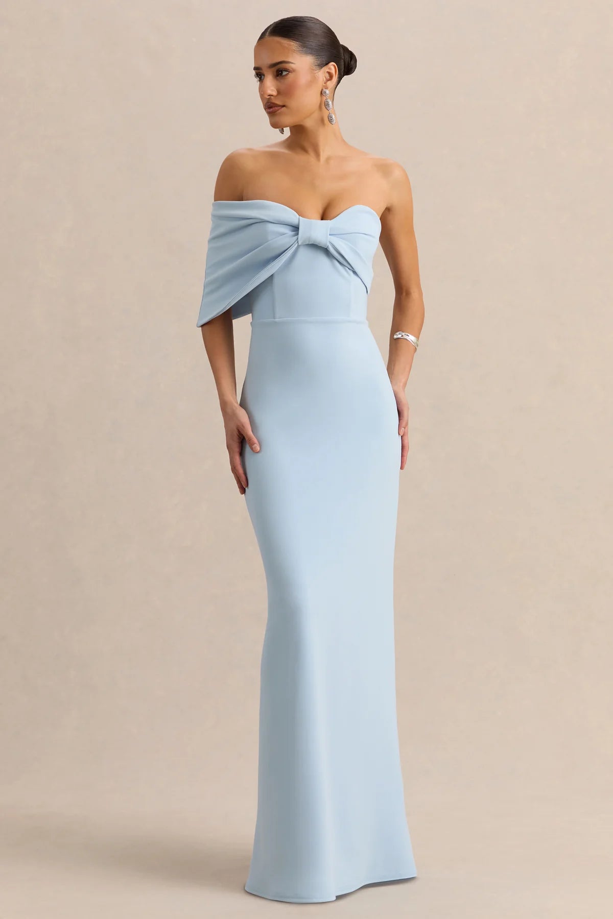 Elegant Sheath Off-Shoulder Bow Draped Short Sleeve Straight Back Floor-Length Bridesmaid Dresses