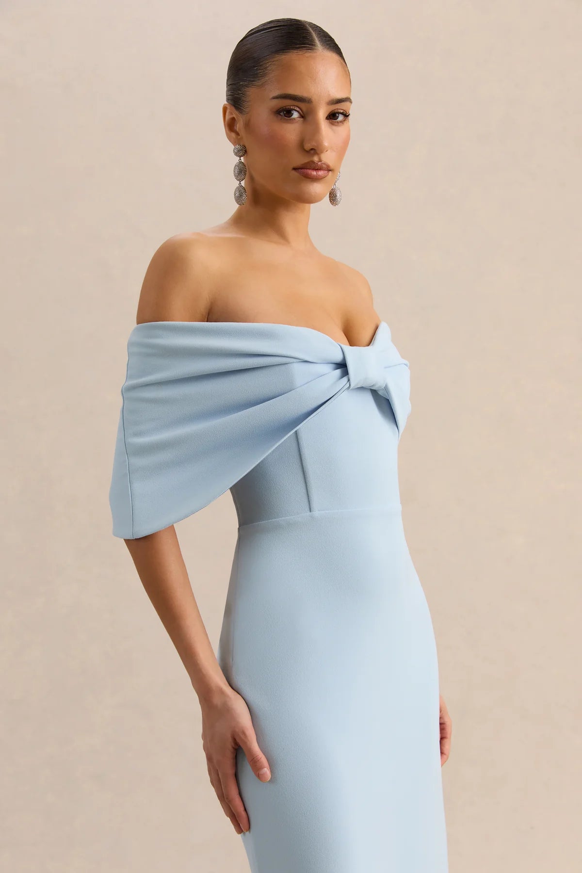 Elegant Sheath Off-Shoulder Bow Draped Short Sleeve Straight Back Floor-Length Bridesmaid Dresses
