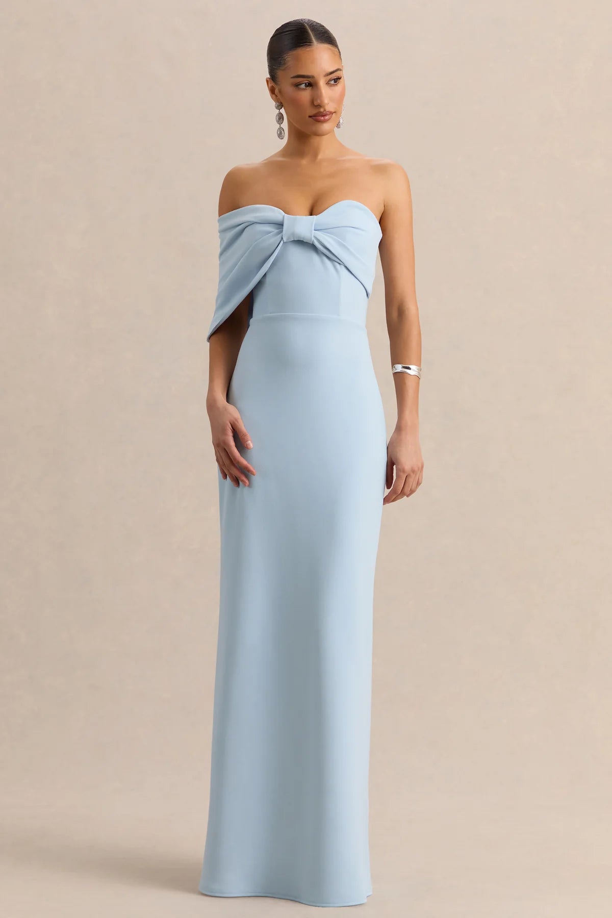Elegant Sheath Off-Shoulder Bow Draped Short Sleeve Straight Back Floor-Length Bridesmaid Dresses