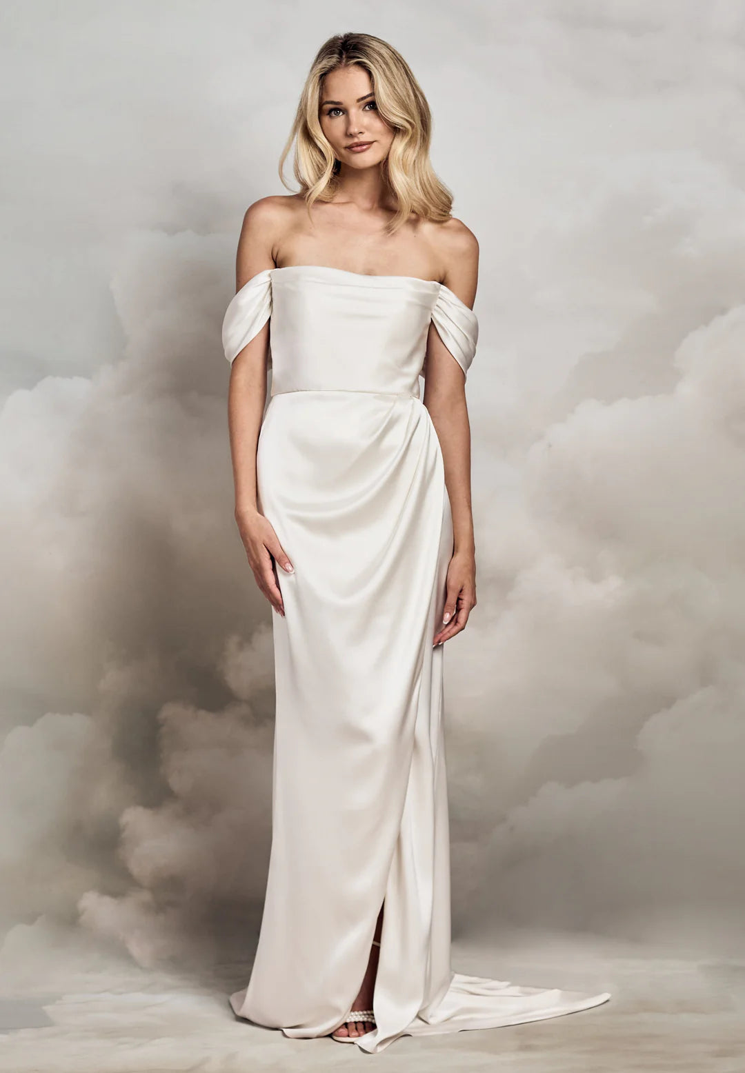 Elegant Sheath Off-Shoulder Draped Strapless Zipper Back Floor-Length Sweep Train Wedding Dresses