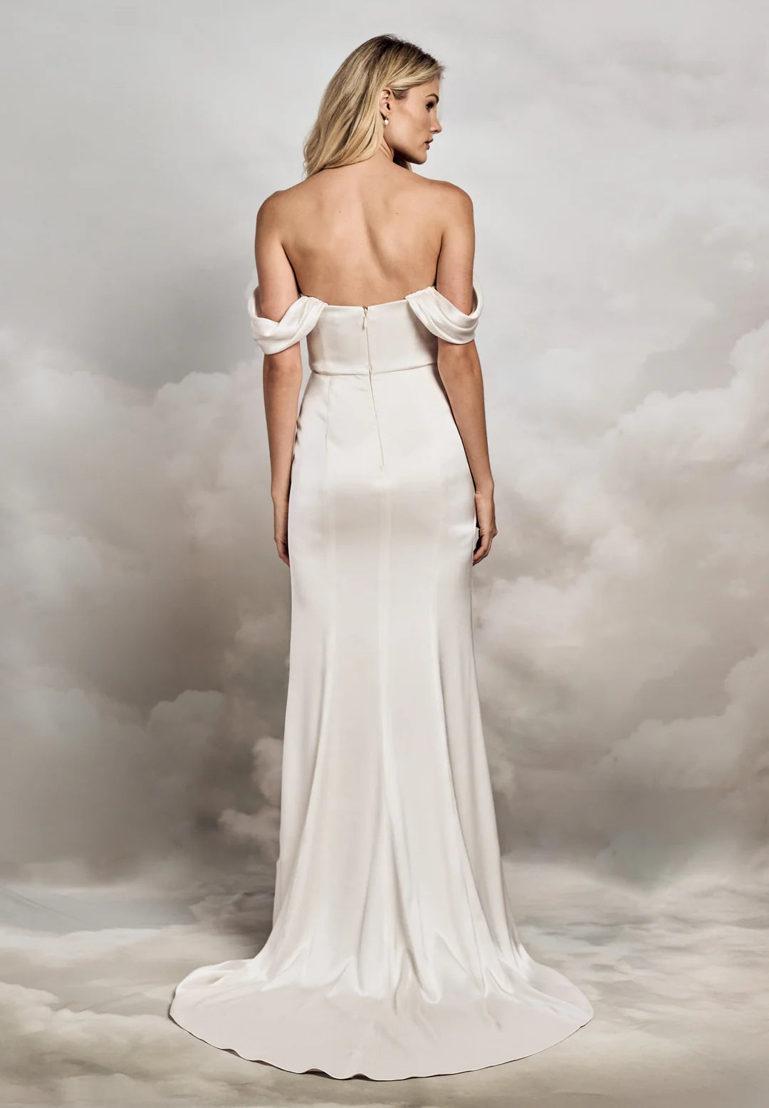 Elegant Sheath Off-Shoulder Draped Strapless Zipper Back Floor-Length Sweep Train Wedding Dresses