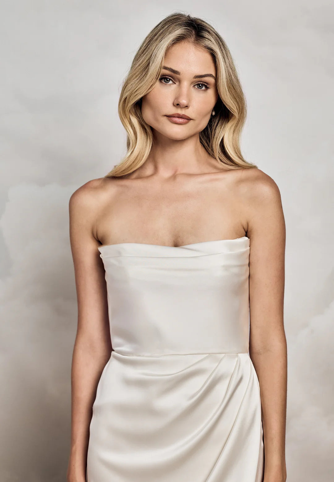 Elegant Sheath Off-Shoulder Draped Strapless Zipper Back Floor-Length Sweep Train Wedding Dresses