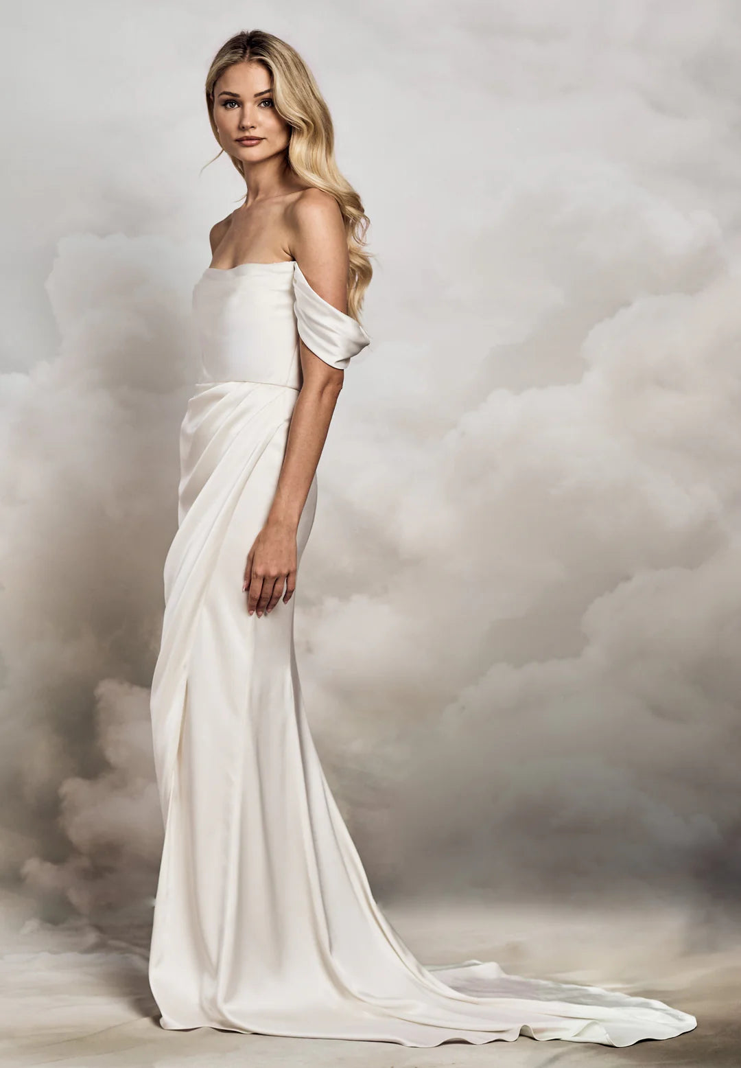 Elegant Sheath Off-Shoulder Draped Strapless Zipper Back Floor-Length Sweep Train Wedding Dresses
