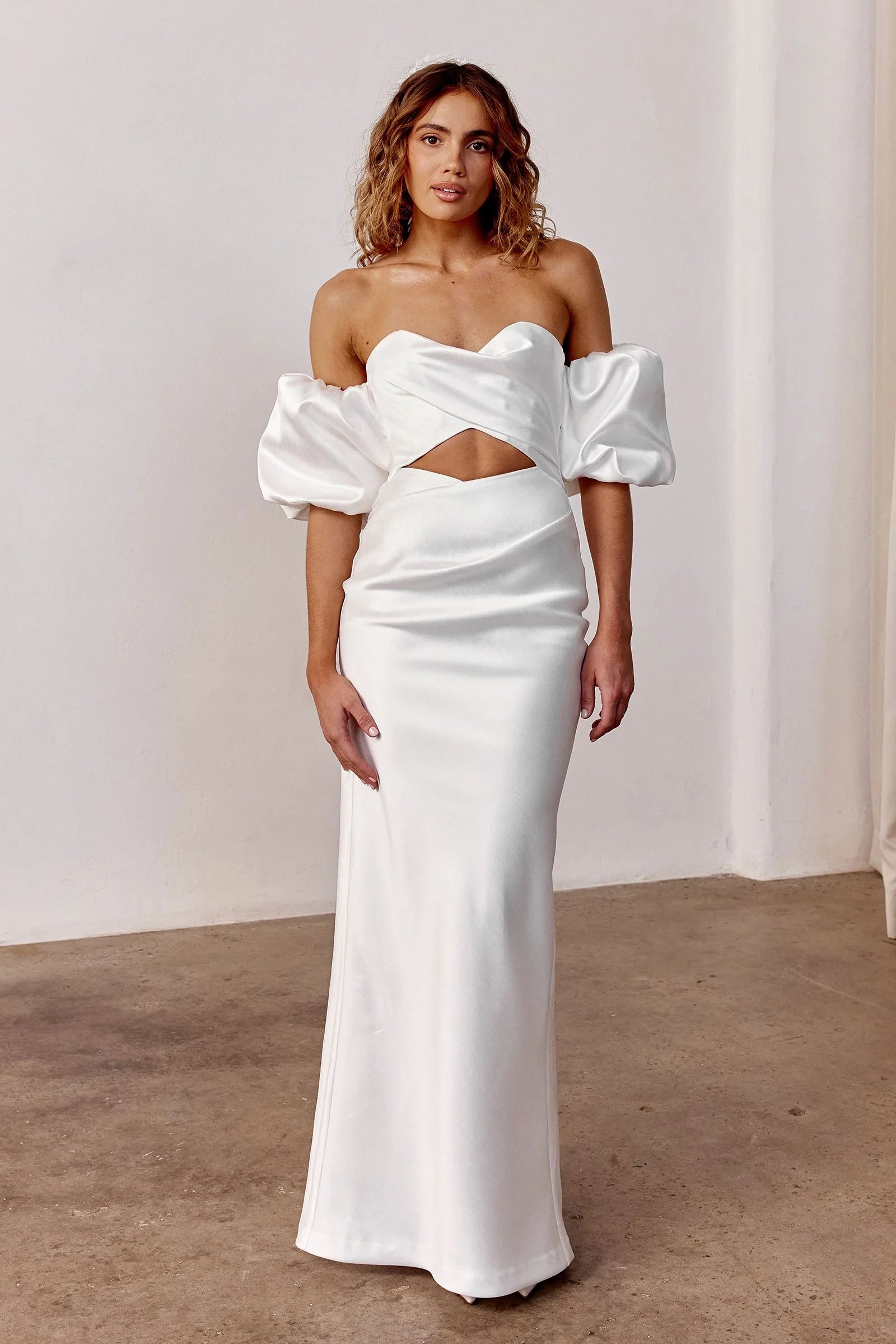 Elegant Sheath Off-Shoulder Sweetheart Puffy Sleeve Button-Back Floor-Length Modern Wedding Dresses