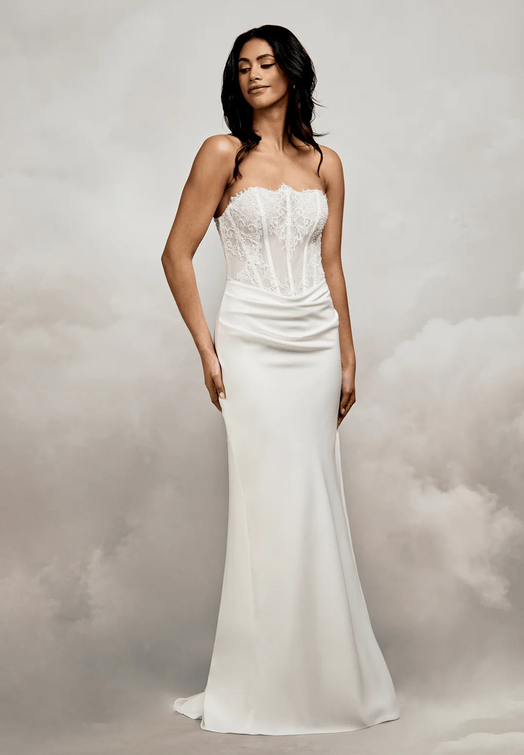Elegant Sheath Sweetheart Strapless Sleeveless Illusion Lace Button-Back Floor-Length Chapel Train Wedding Dresses