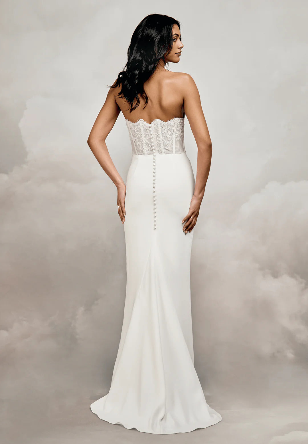 Elegant Sheath Sweetheart Strapless Sleeveless Illusion Lace Button-Back Floor-Length Chapel Train Wedding Dresses