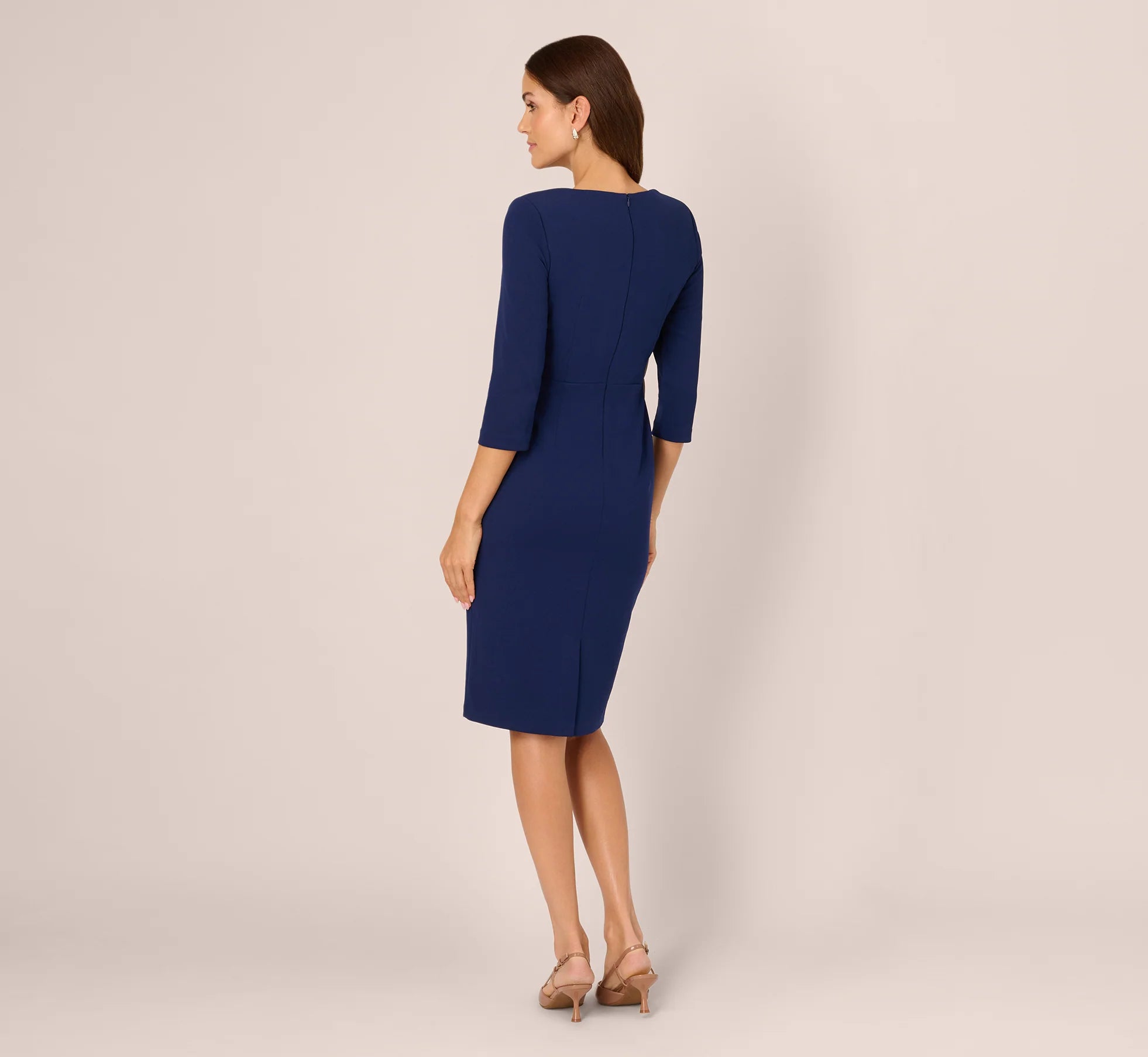 Elegant Sheath V-Neck Three-Quarter Sleeve Simple Back Knee-Length Mother of the Bride Dresses with Waist Tie