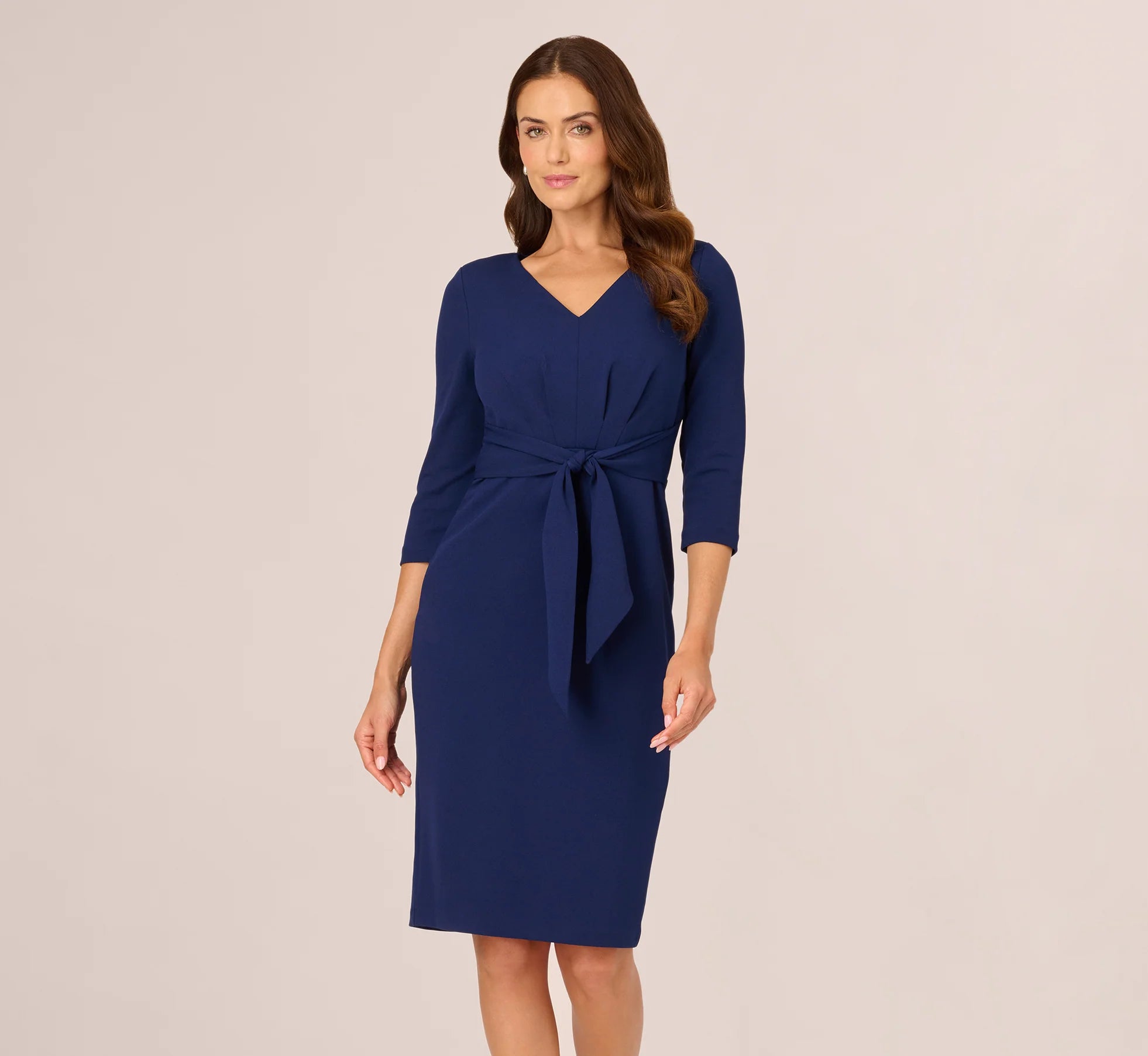 Elegant Sheath V-Neck Three-Quarter Sleeve Simple Back Knee-Length Mother of the Bride Dresses with Waist Tie