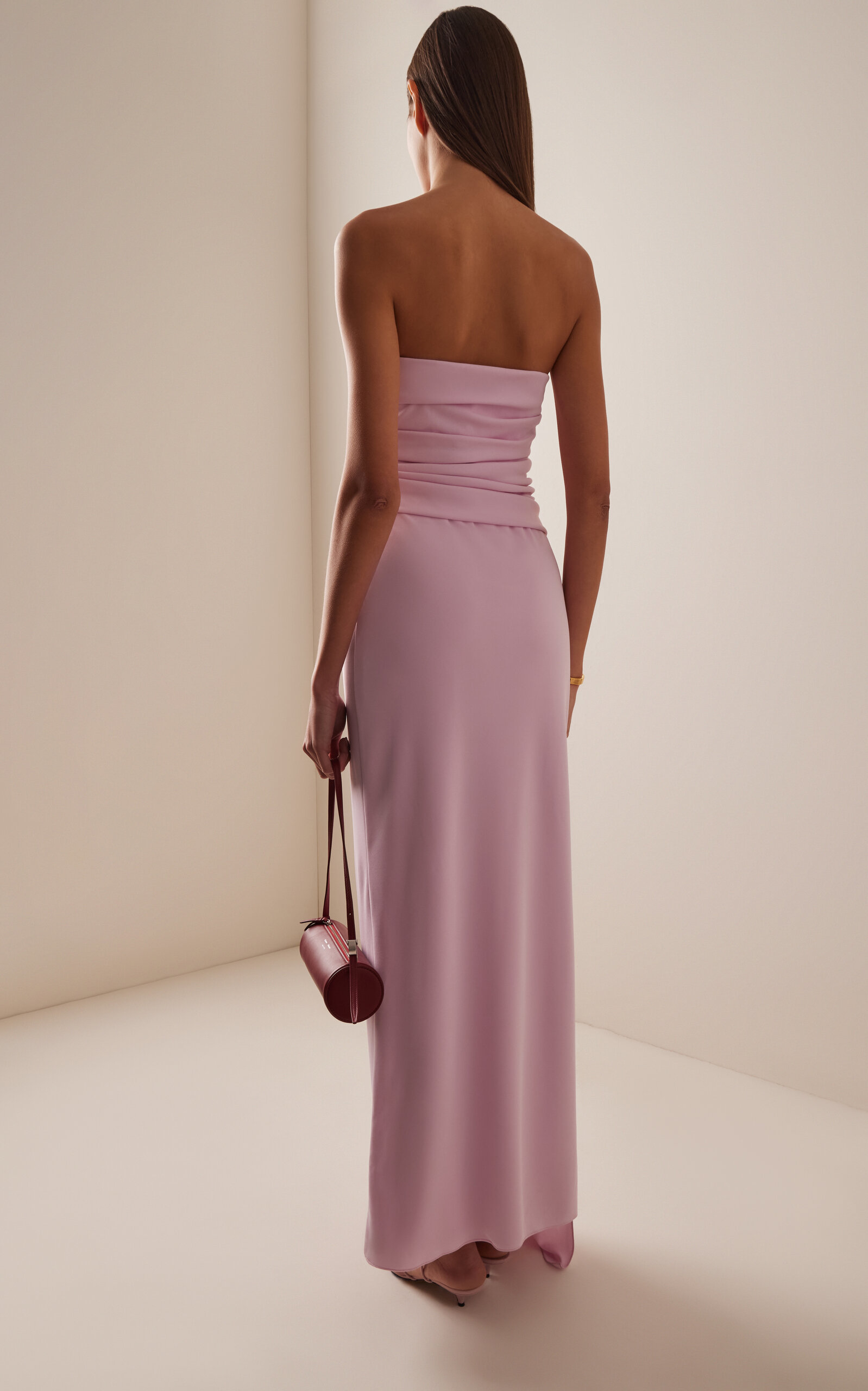 Elegant Sophisticated Fitted Sheath Strapless Draped Back Zip Maxi Formal Evening Dresses