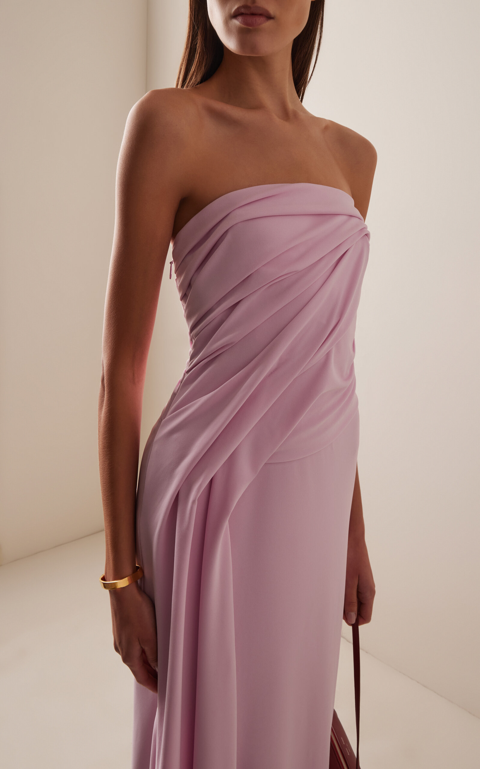 Elegant Sophisticated Fitted Sheath Strapless Draped Back Zip Maxi Formal Evening Dresses