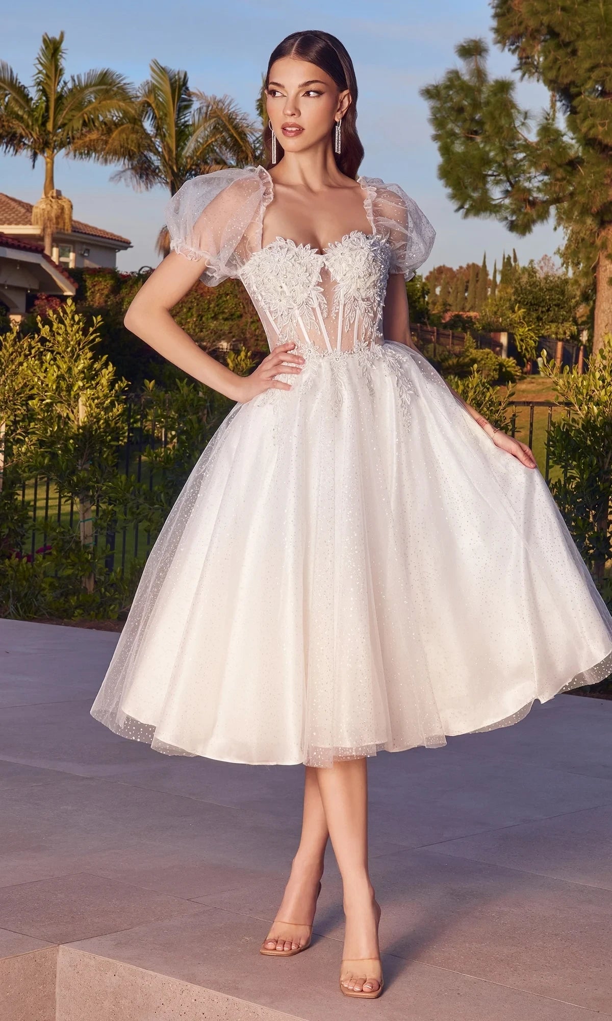 Elegant Sparkling A-Line Sweetheart Sheer Puff Sleeve Open Back Tea-Length Homecoming Dresses