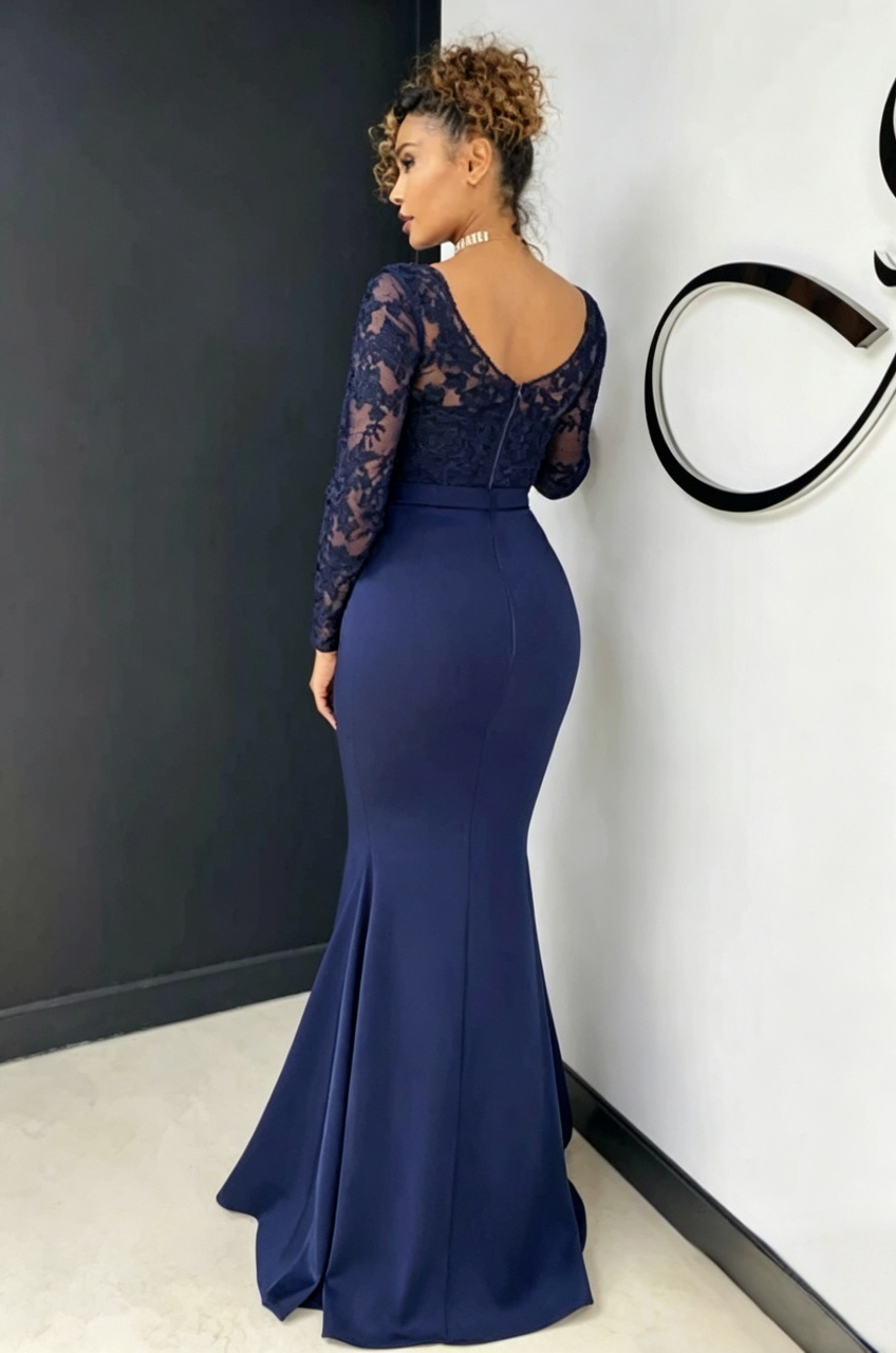 Elegant lace mermaid V-neck long sleeve bow waist floor-length evening dress