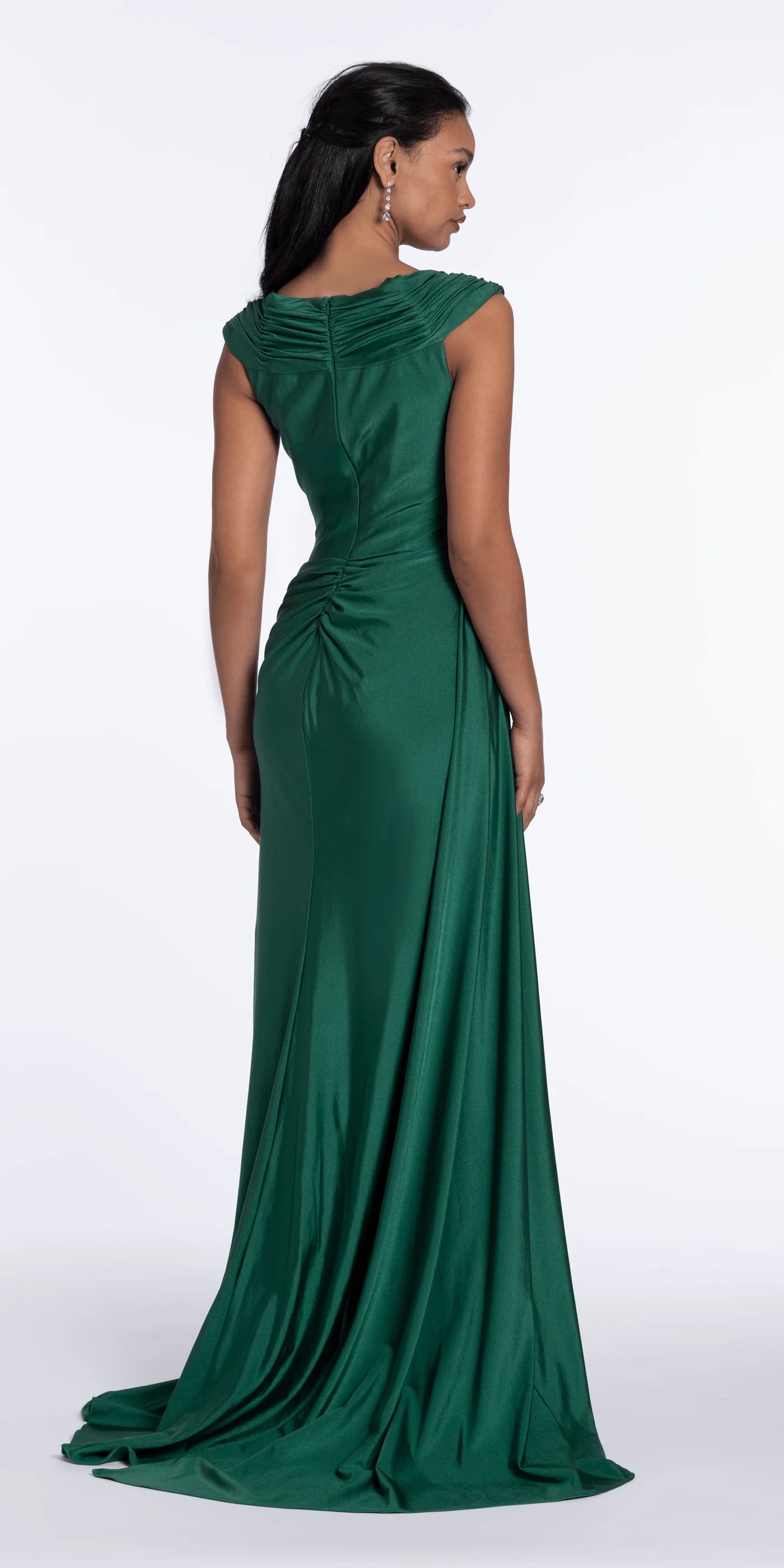 Elegant satin sleeveless V neck floor length evening dress with ruched bodice, draped waist detail and train