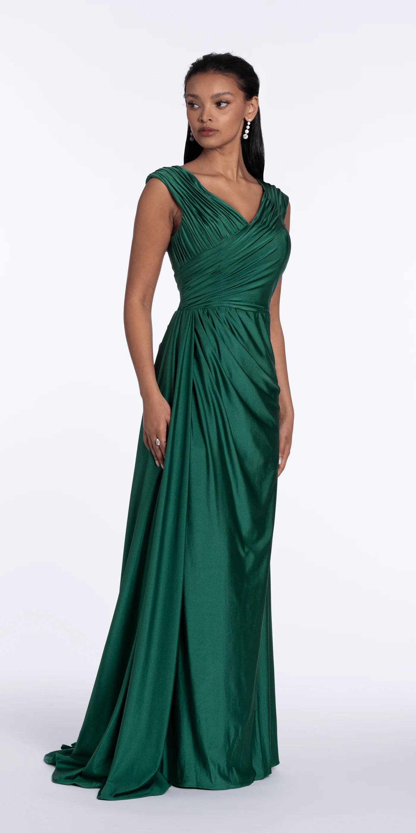 Elegant satin sleeveless V neck floor length evening dress with ruched bodice, draped waist detail and train