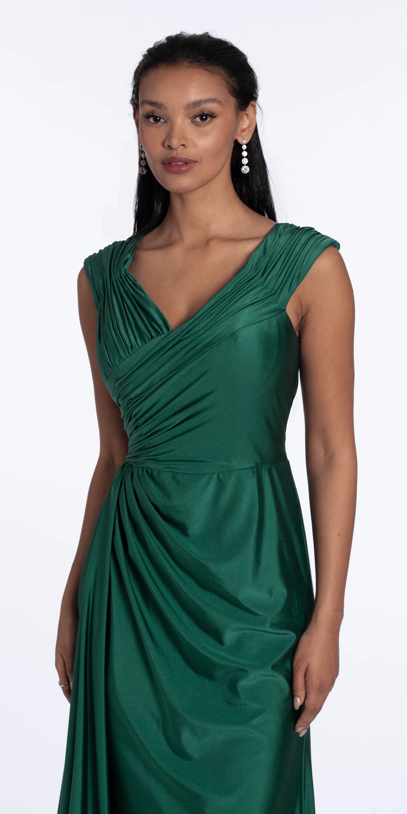Elegant satin sleeveless V neck floor length evening dress with ruched bodice, draped waist detail and train