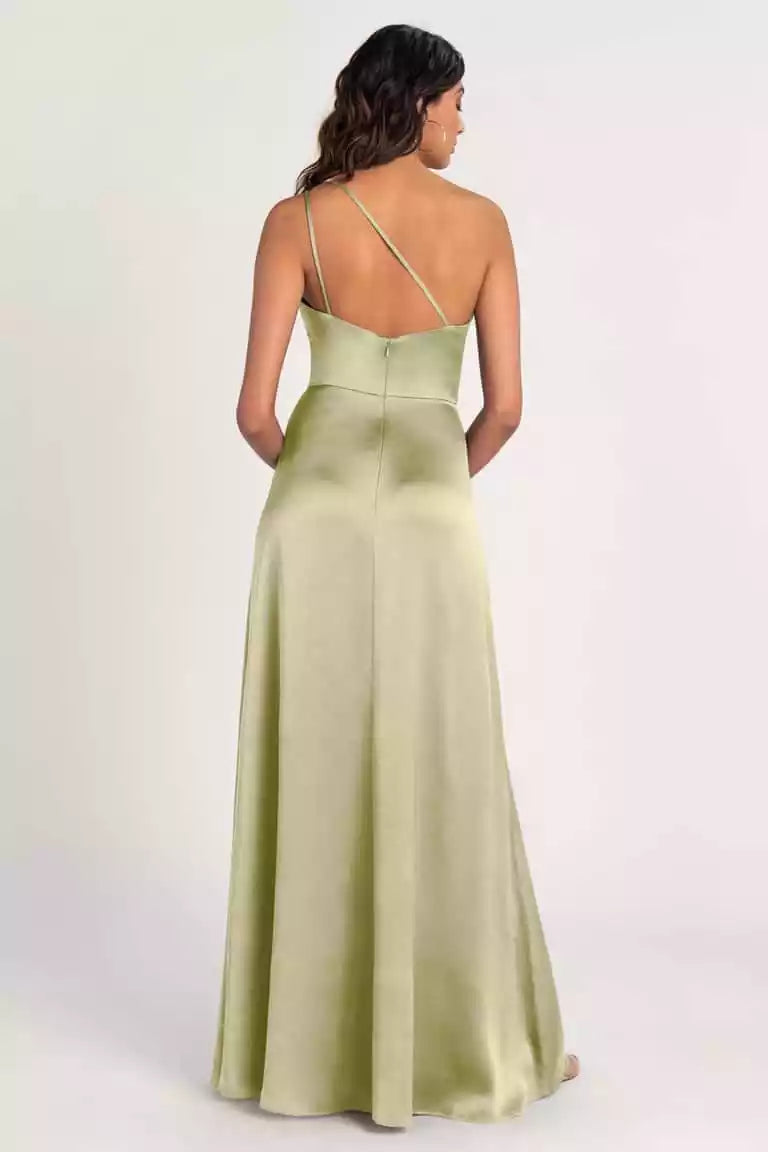 Elegant and charming single shoulder satin asymmetric collar A-line skirt slit Prom Dresses