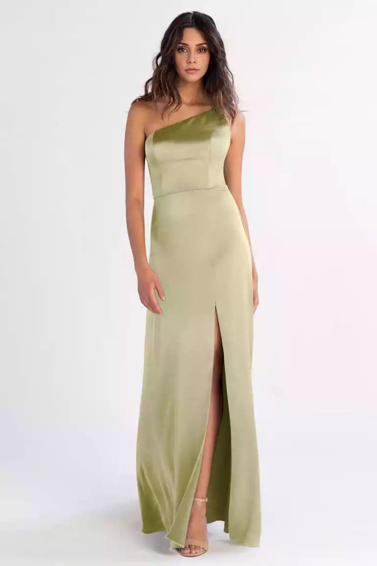 Elegant and charming single shoulder satin asymmetric collar A-line skirt slit Prom Dresses