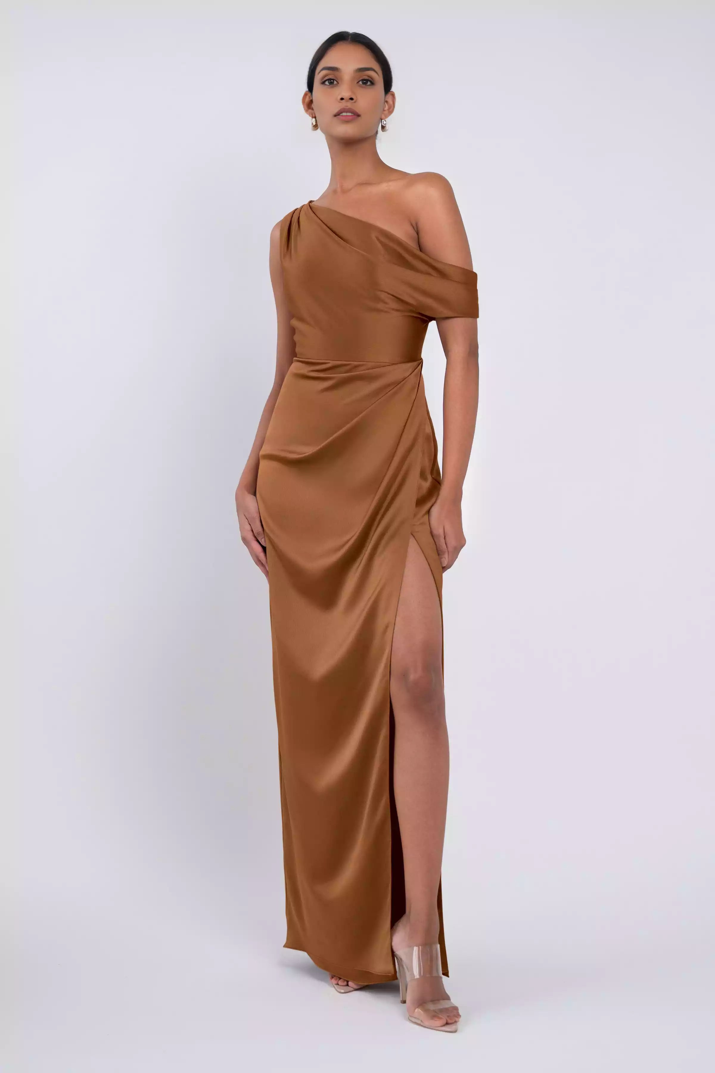 Elegant and luxurious satin draped shoulder collar, natural waist seam, pleated slit, fully lined back, mid zip, Bridesmaid Dresses