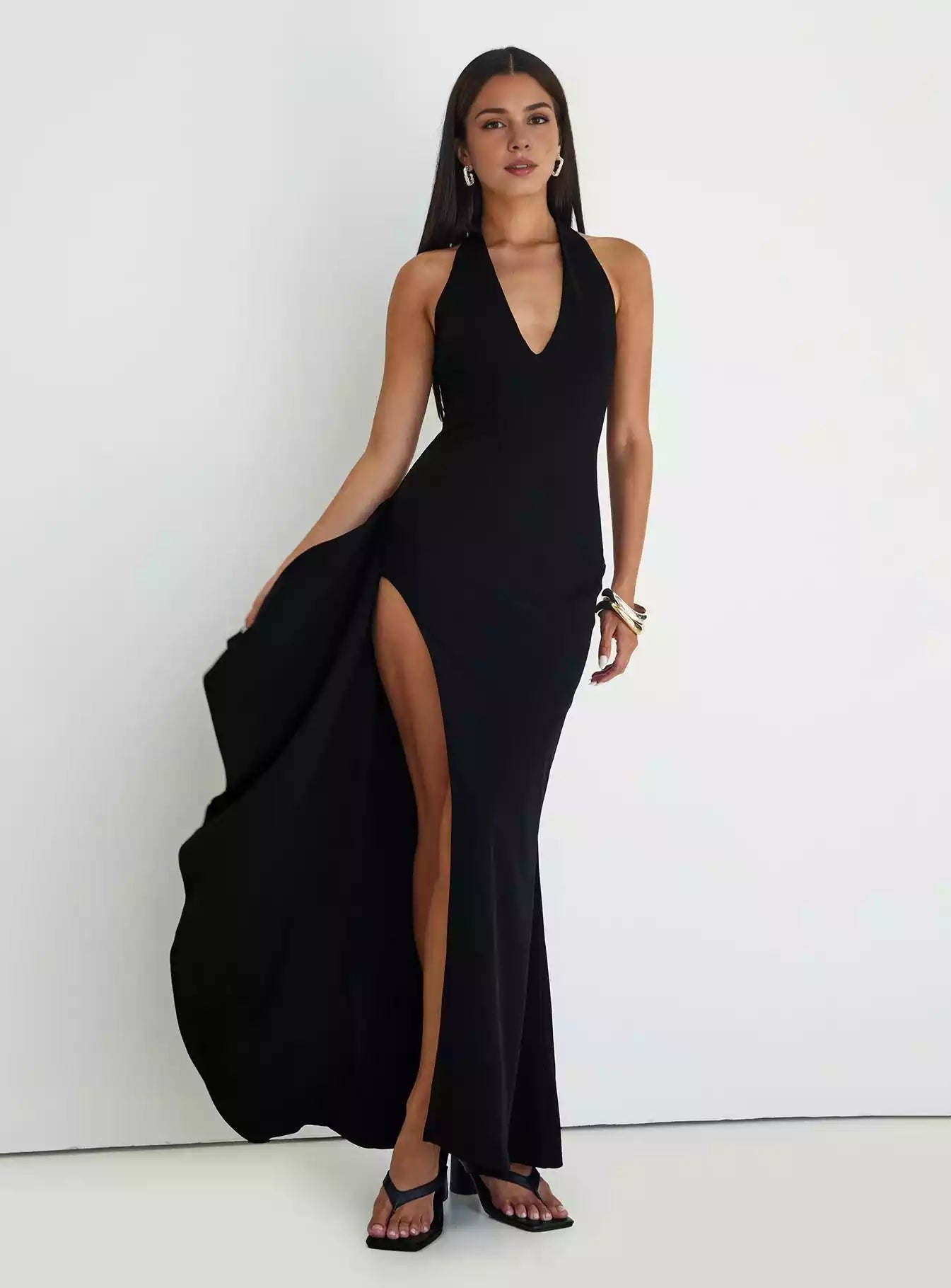 Elegant backless V-neck high slit adjustable neck strap with hidden zipper at the back Prom Dresses