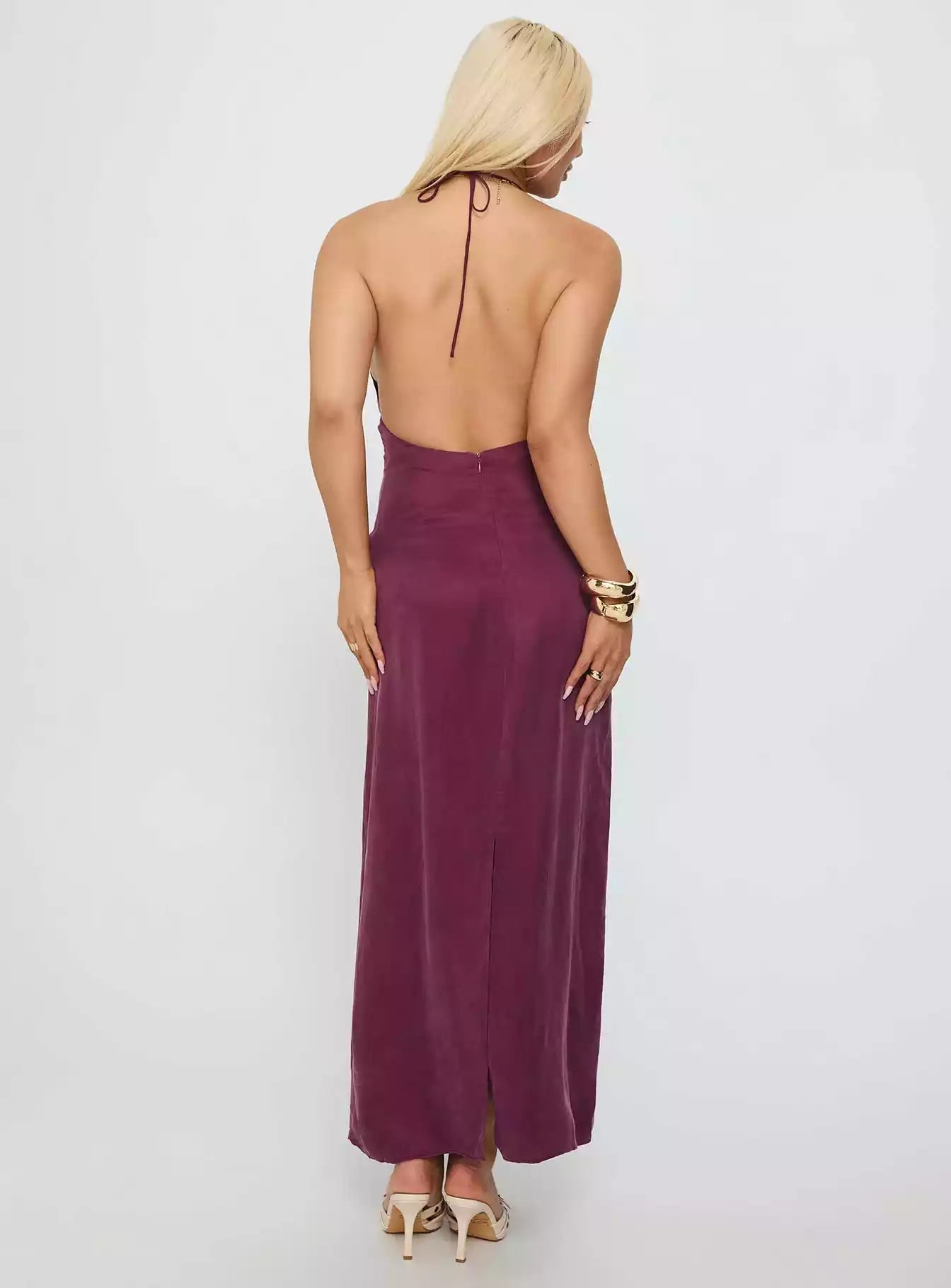 Elegant backless strap with V-neck and adjustable chest pleats, hanging neck strap and back slit, Prom Dresses