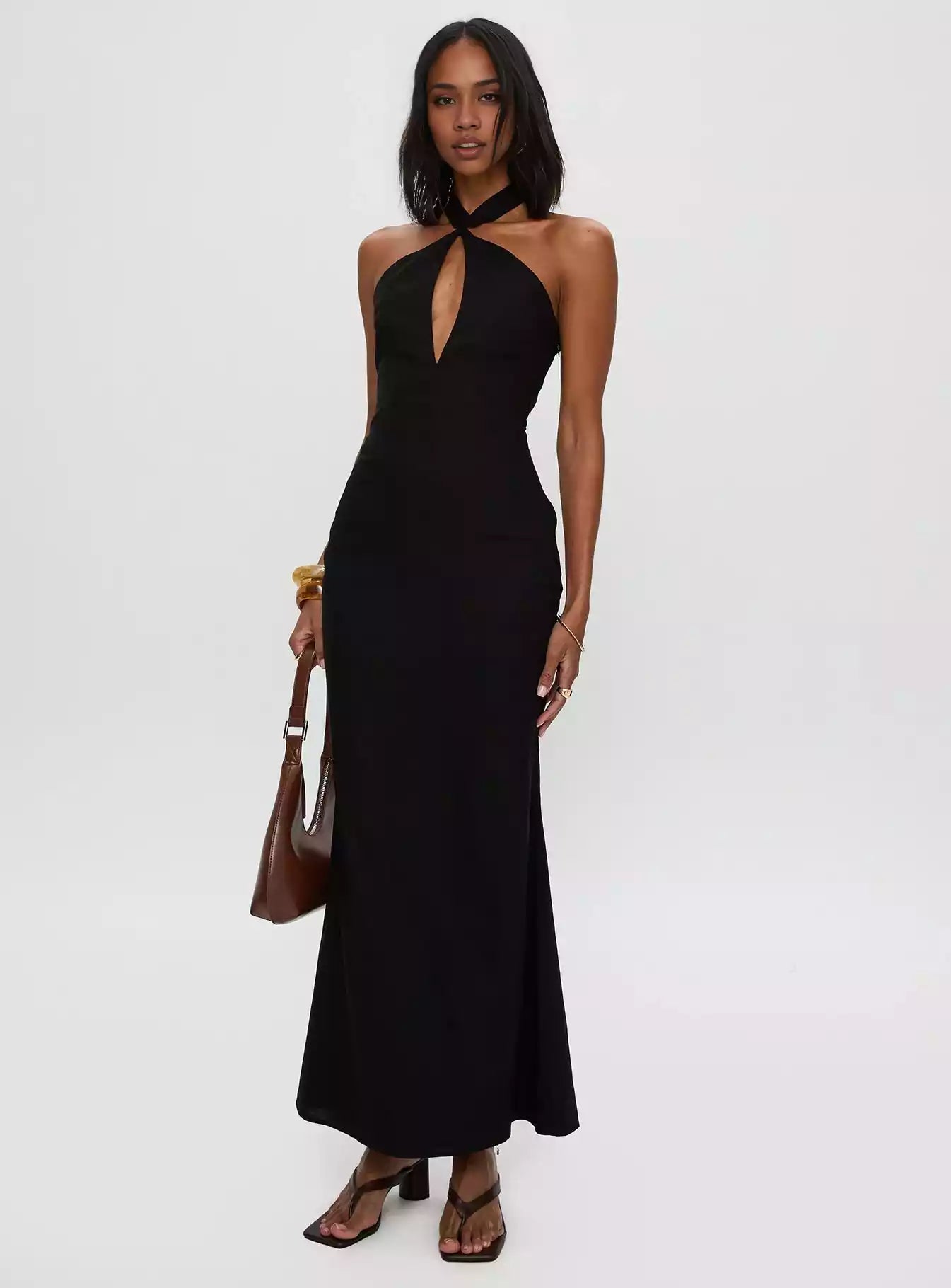 Elegant camisole with deep V-shaped hollow neck strap, exposed back, hidden side zipper, fully lined Prom Dresses