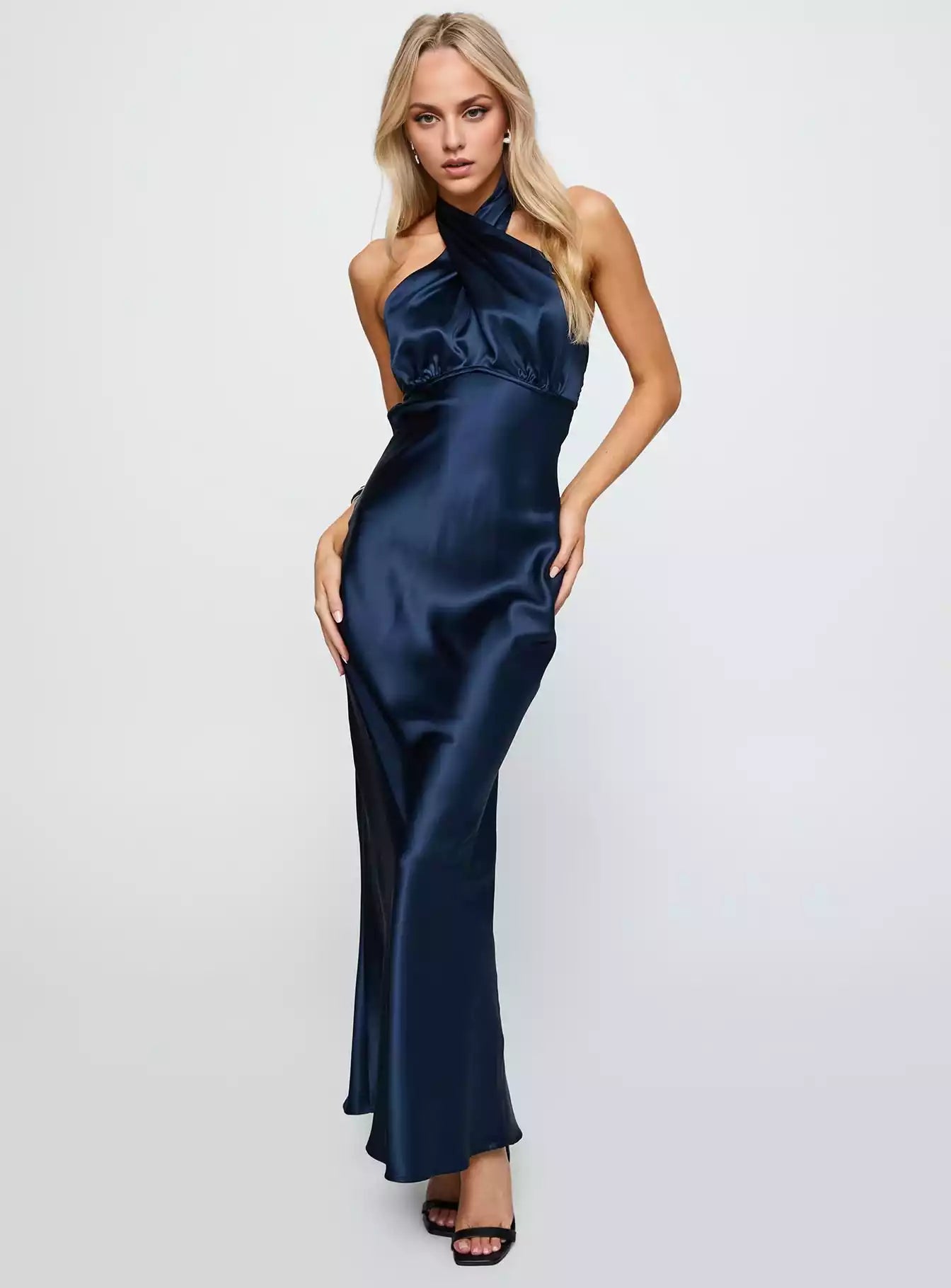 Elegant camisole with satin front, twisted chest, pleated neckline, buttoned backless straps, loose fit Prom Dresses