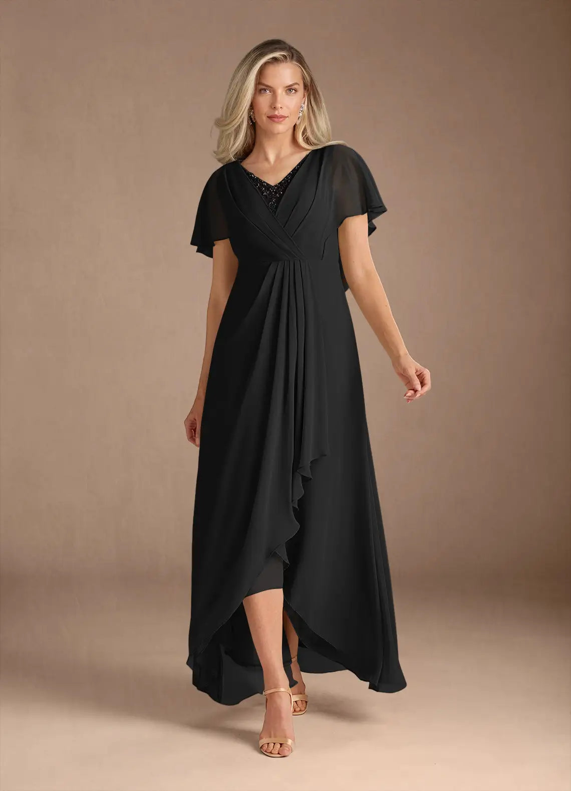 Elegant chiffon capelet-overlay V-neck high-low A-line mother of the bride dress