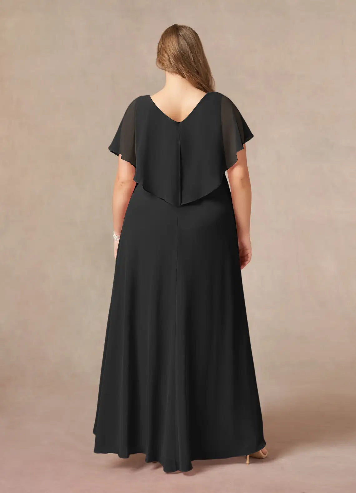 Elegant chiffon capelet-overlay V-neck high-low A-line mother of the bride dress