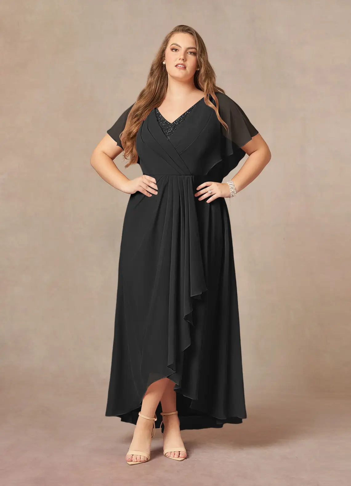 Elegant chiffon capelet-overlay V-neck high-low A-line mother of the bride dress