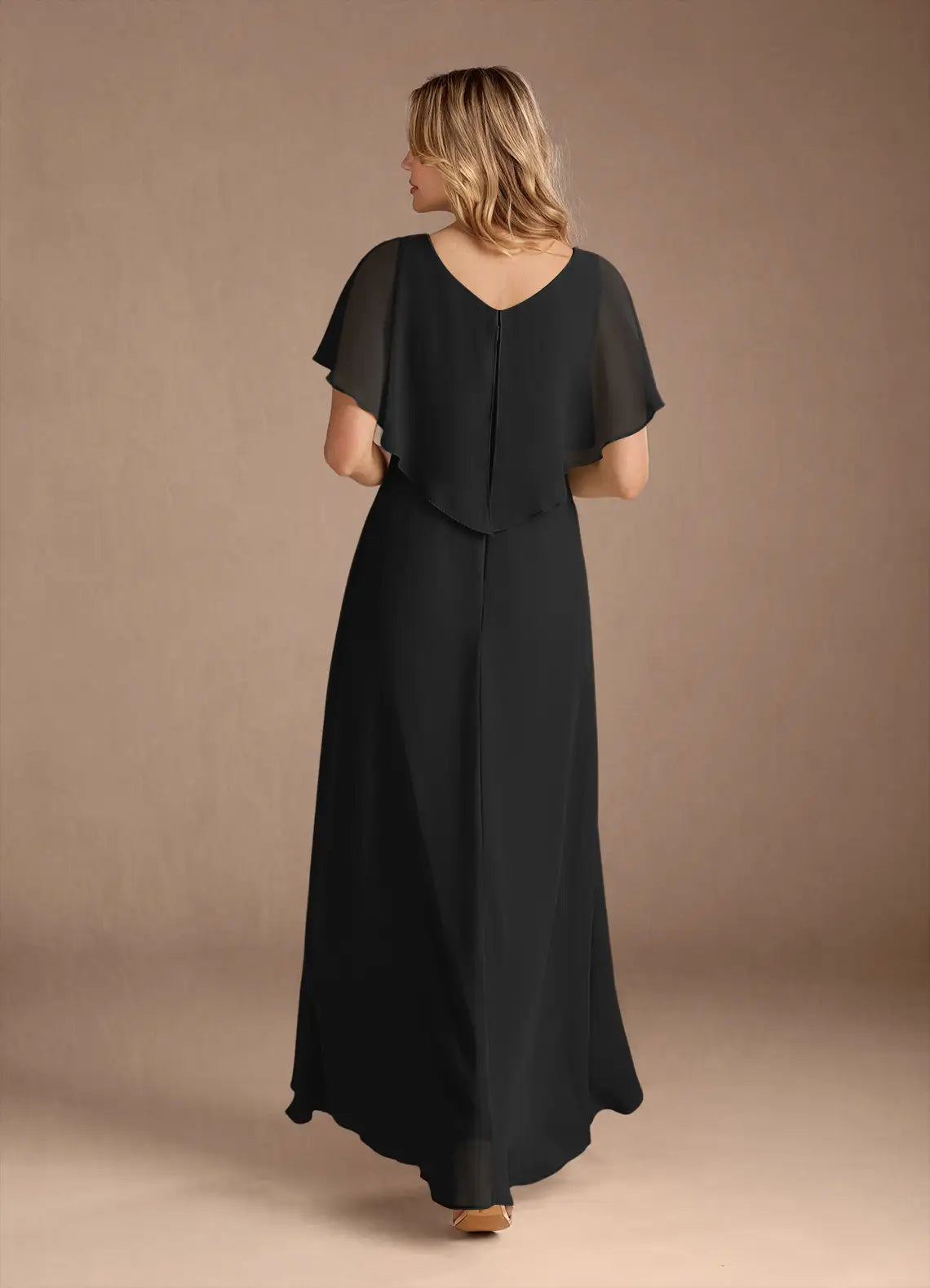 Elegant chiffon capelet-overlay V-neck high-low A-line mother of the bride dress