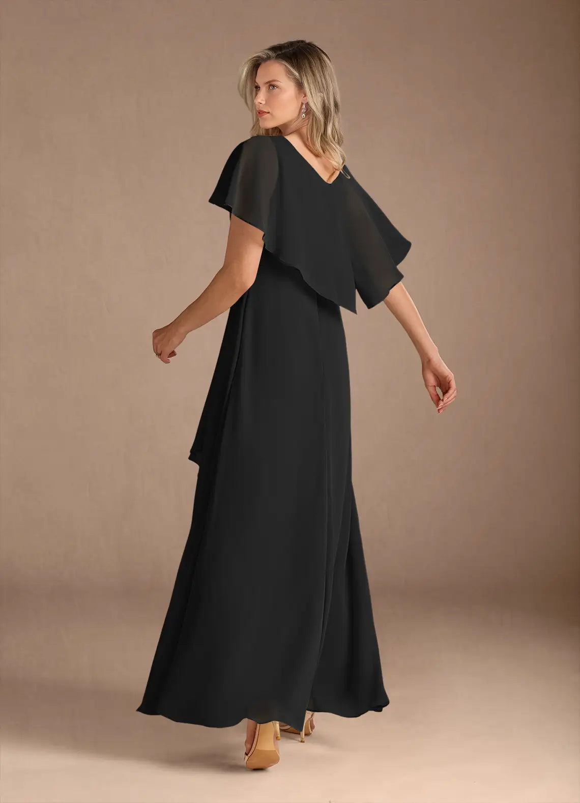 Elegant chiffon capelet-overlay V-neck high-low A-line mother of the bride dress