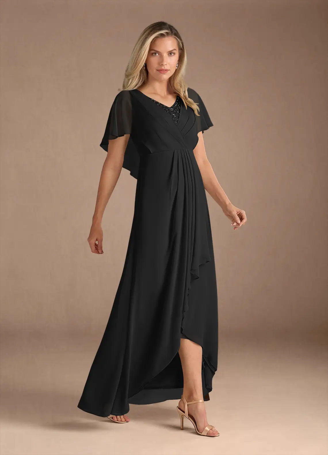 Elegant chiffon capelet-overlay V-neck high-low A-line mother of the bride dress