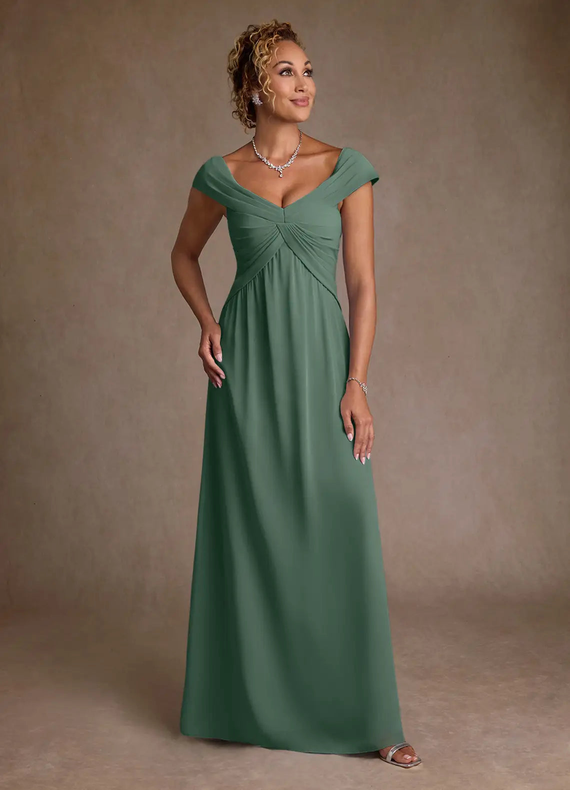 Elegant chiffon off-the-shoulder empire-waist A-line floor-length mother of the bride dress