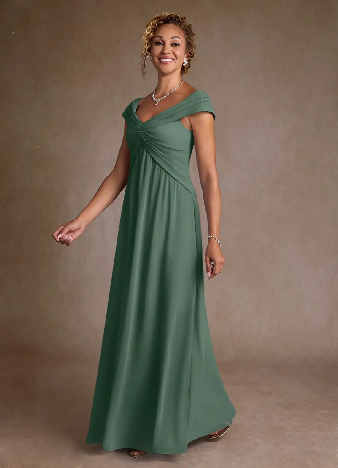Elegant chiffon off-the-shoulder empire-waist A-line floor-length mother of the bride dress
