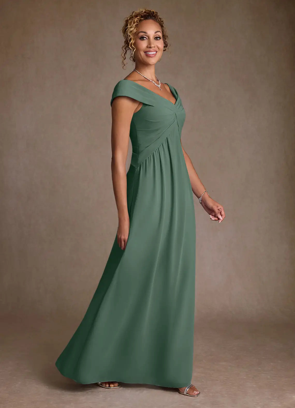 Elegant chiffon off-the-shoulder empire-waist A-line floor-length mother of the bride dress