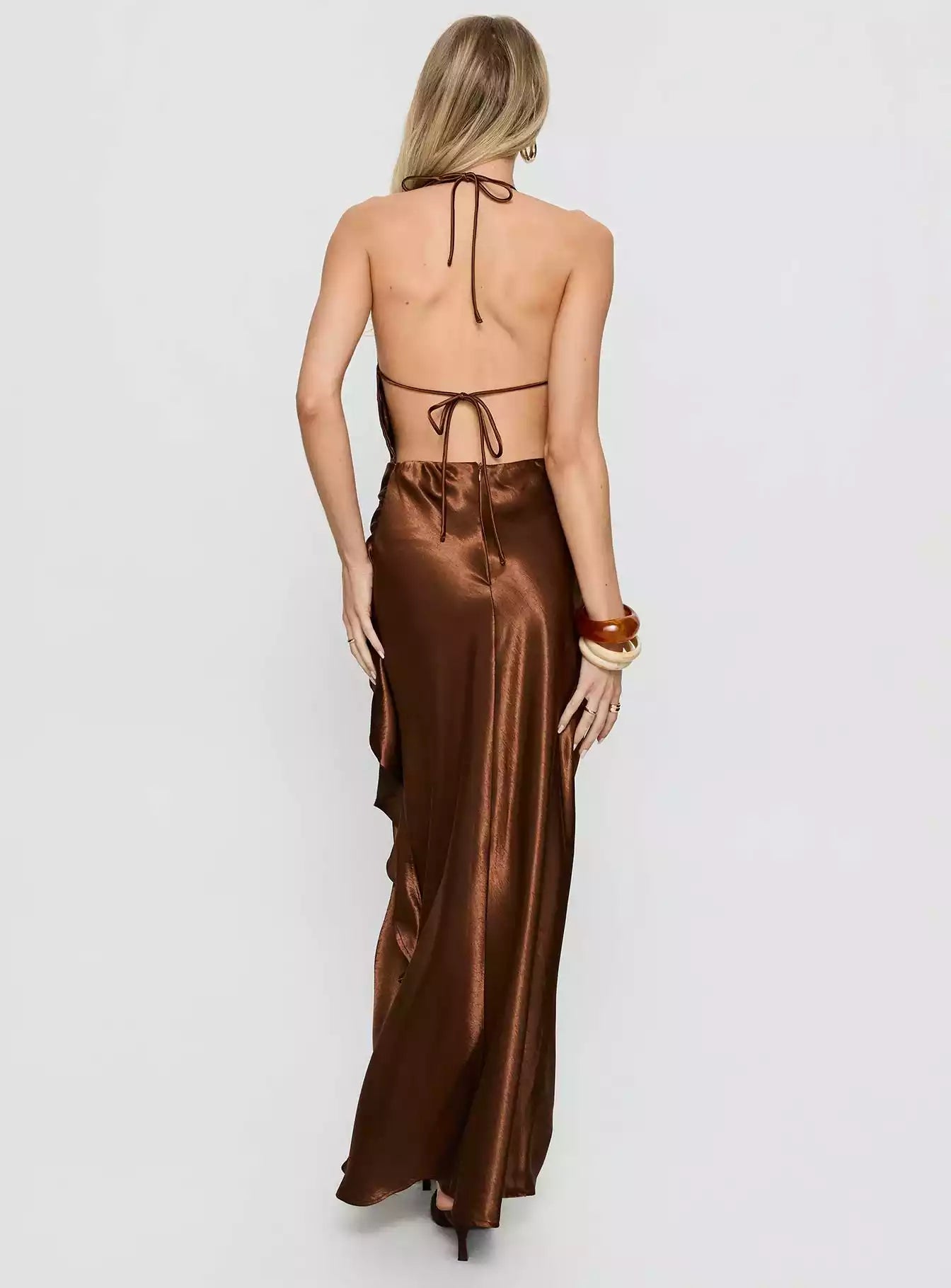 Elegant deep V-backless neckline with adjustable pleat details, hanging neck shoulder straps, low back strap, Prom Dresses