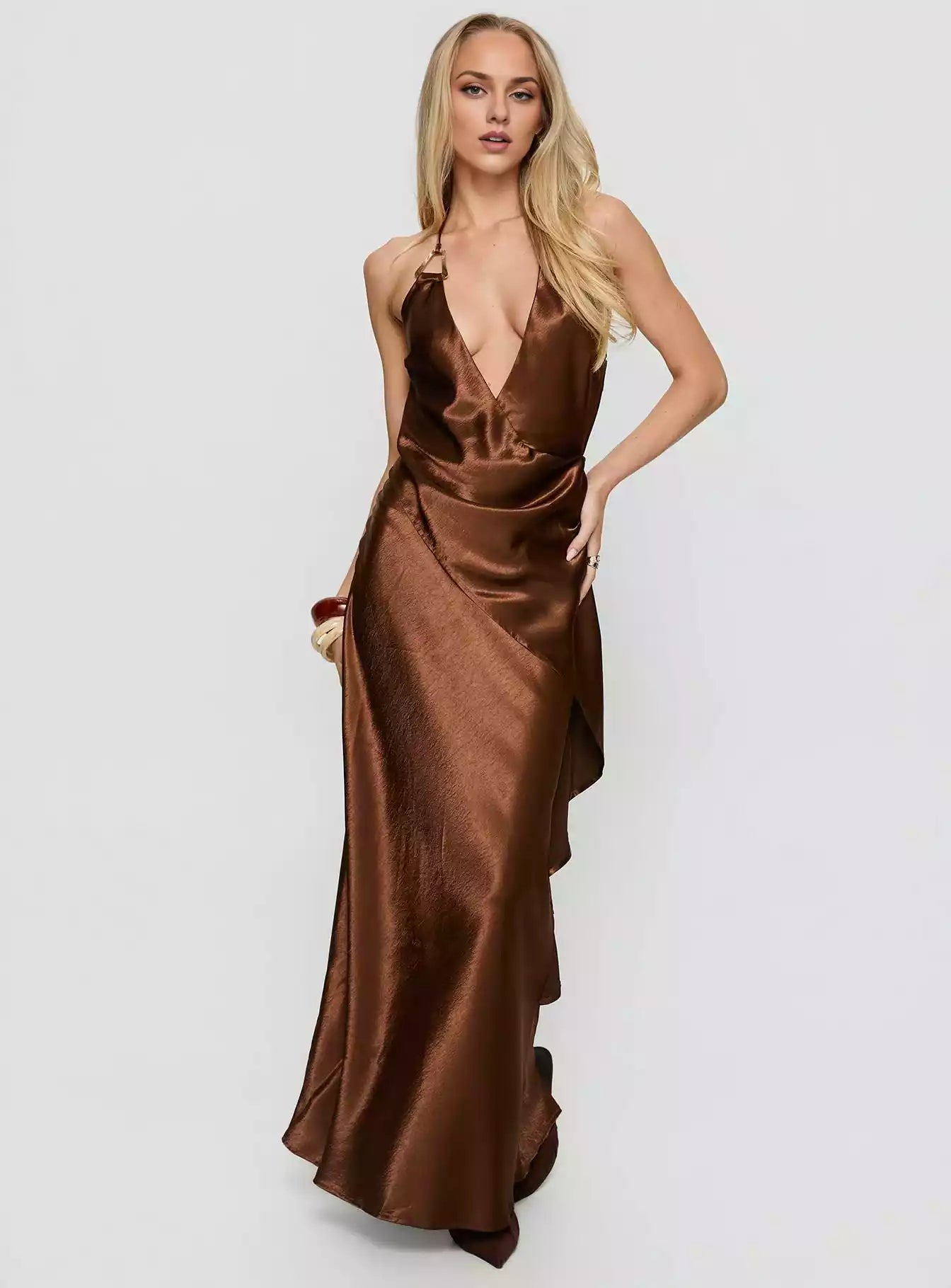 Elegant deep V-backless neckline with adjustable pleat details, hanging neck shoulder straps, low back strap, Prom Dresses