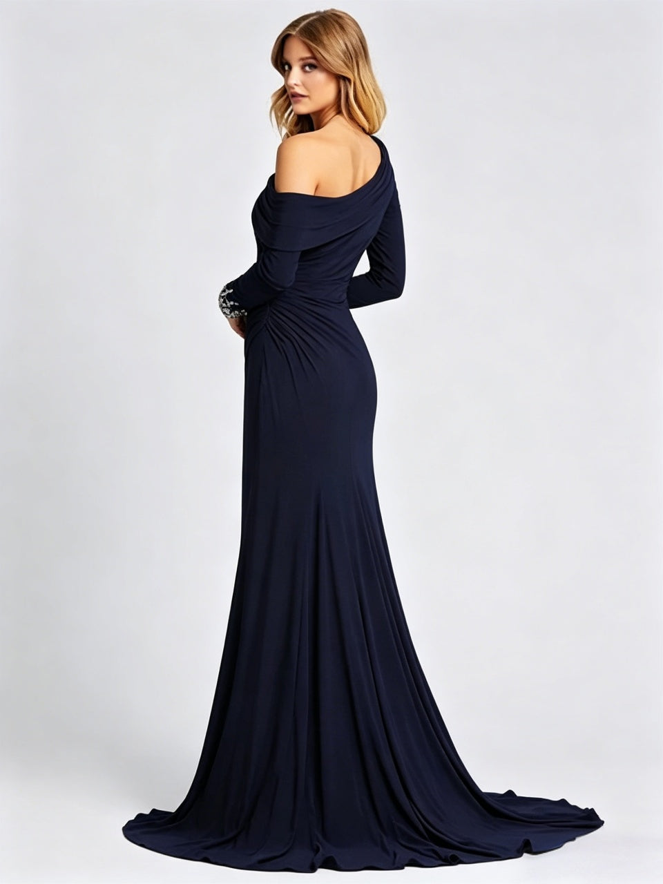 Elegant draped one-shoulder long sleeve crystal cuff high-slit floor-length evening dress